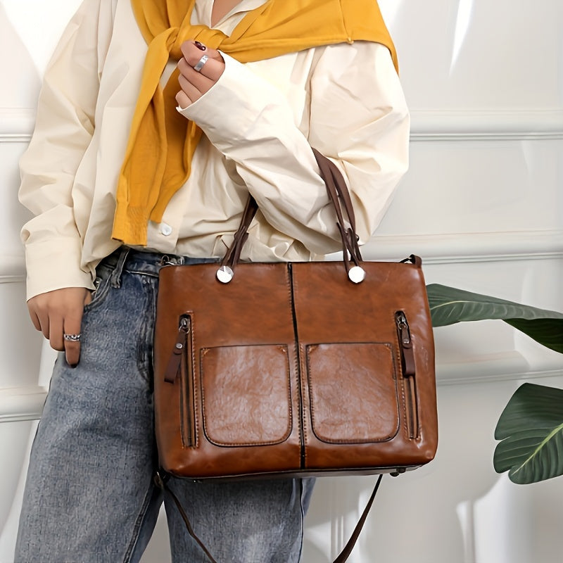 Vintage-Style Large Capacity Tote Bag for Women - Brown Shoulder & Crossbody Purse with Multiple Compartments, Adjustable Strap, and Zipper Closure, Secure Travel Bag | Elegant Accessory | Functional Zipper Pockets