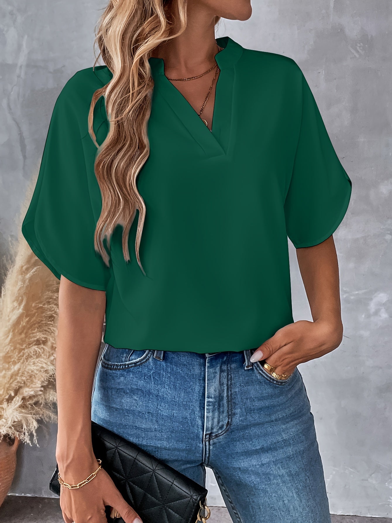 Solid Color Notch Neck Blouse, Casual Short Split Sleeve Blouse For Spring & Summer, Women's Clothing