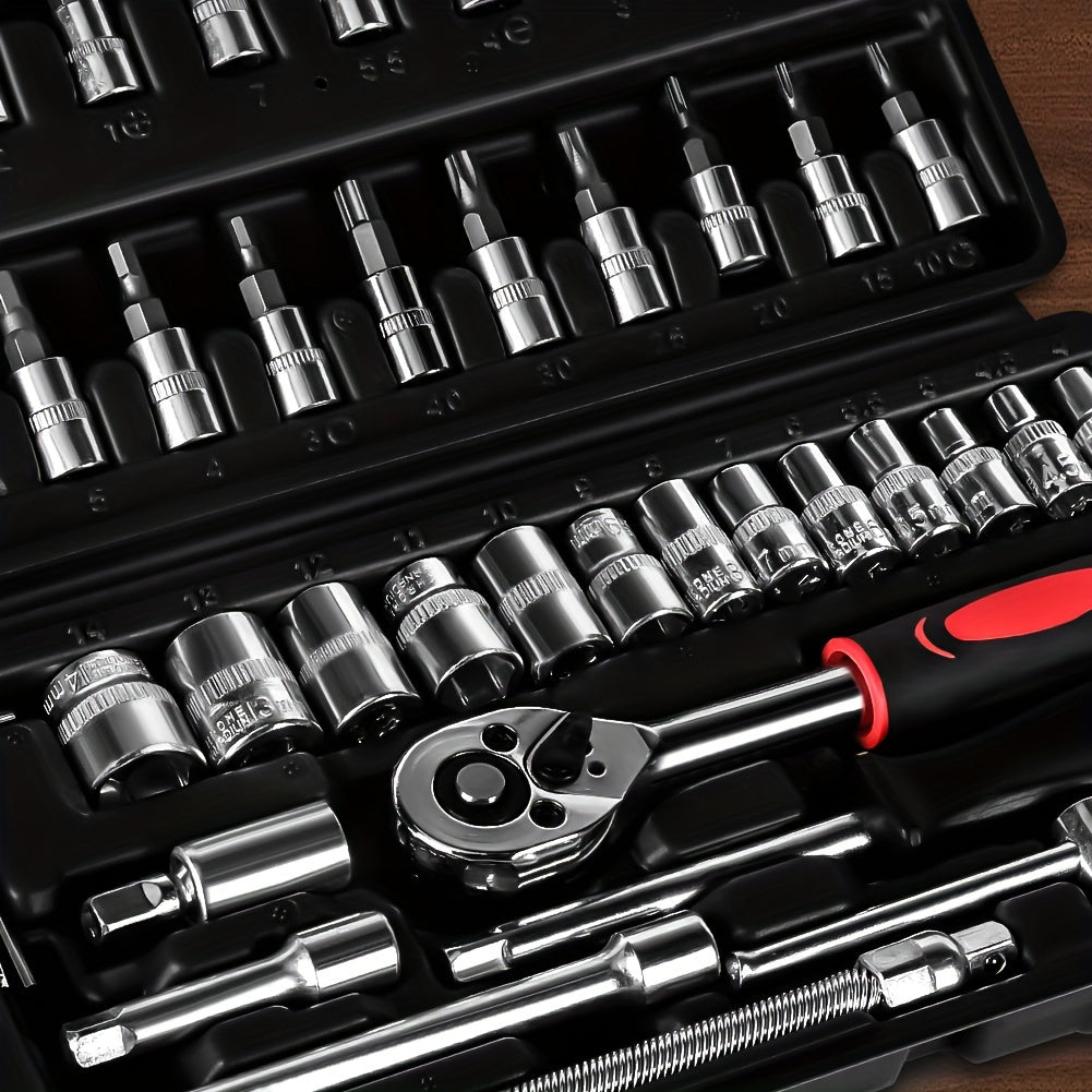 46pcs 2.54/10.16 Cm Drive Socket Ratchet Wrench Set, With Bit Socket Set, Metric And Extension Bar For Auto Repairing And Household, With Storage Case