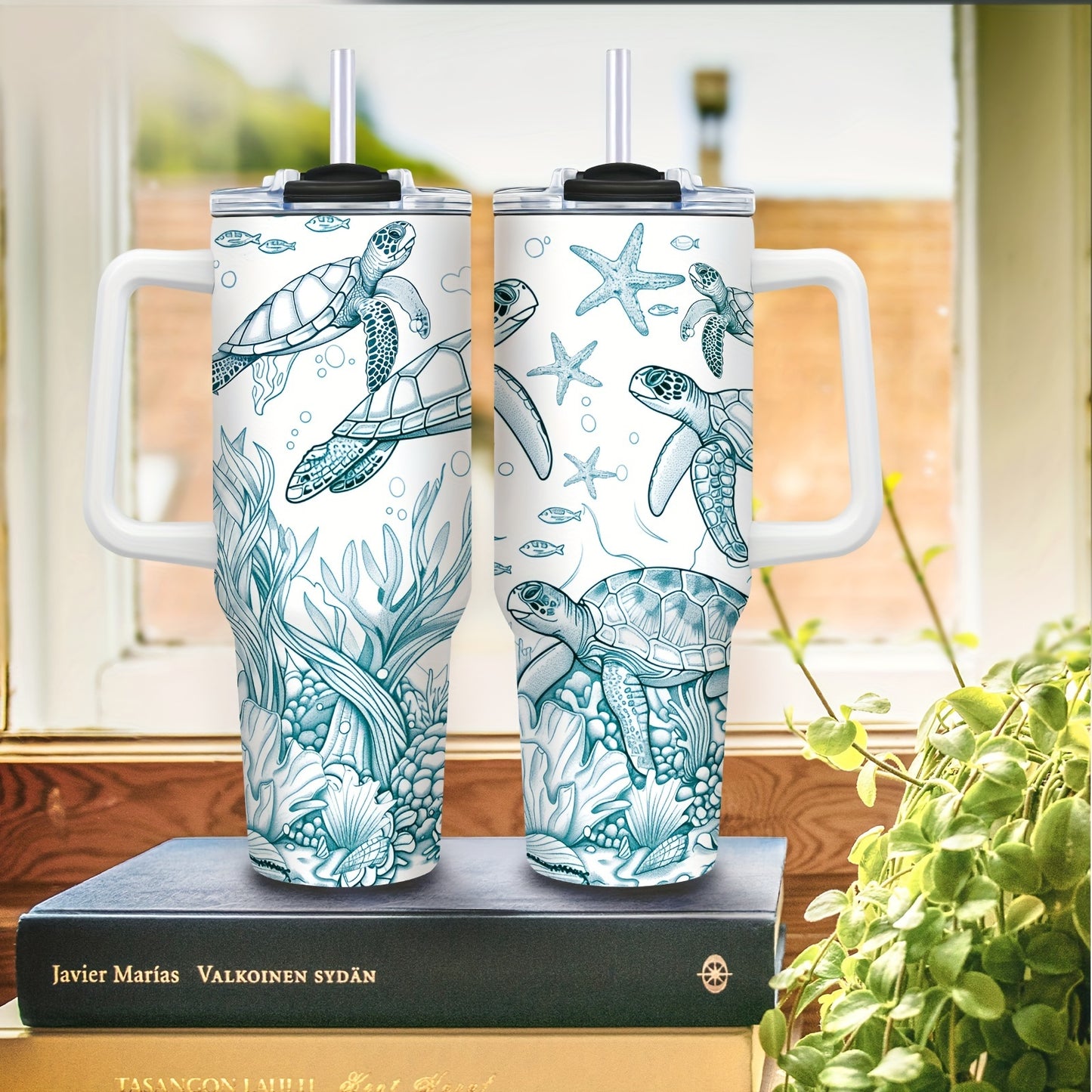 1pc Sea Turtle Tumbler 40oz Tumbler with Handle, Stainless Steel Turtle Water Bottle Travel Mug Coffee Wine Cups Sea Turtle Tumblers for Sea Turtle Lovers Gifts for Women
