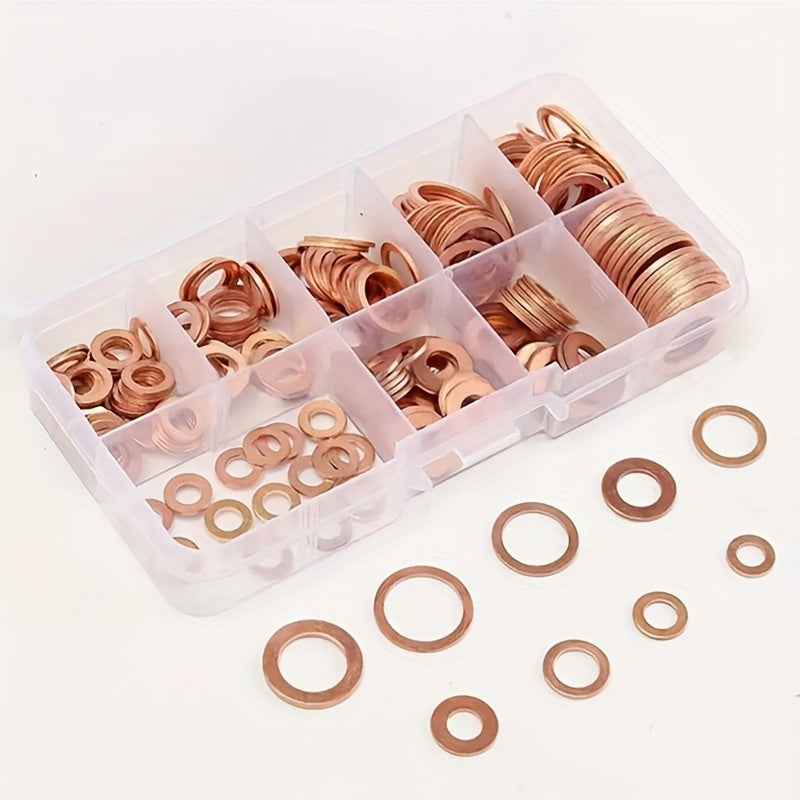 100pcs Copper Washer Gasket Nut And Bolt Set, Flat Ring Seal Assortment Kit With Box,/M5/M6//M8/M10/M12/M14 For Sump Plugs