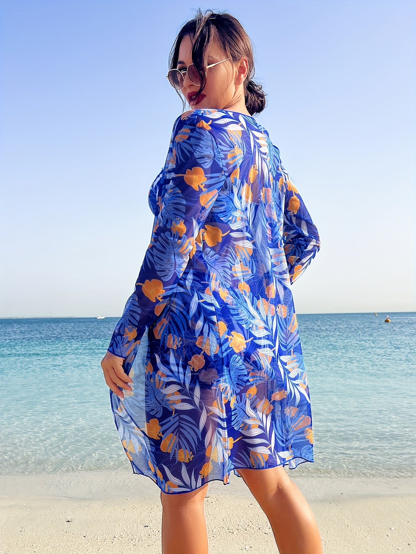 3-piece Geometrical Print Drawstring Bikini Sets, Boxer Short High Rise Bathing Suit, With Long Sleeve Sheer Cover Up Kimono Shirt, Women's Denim & Clothing