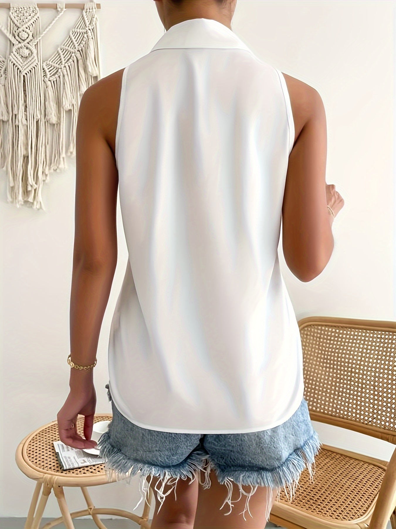 Solid Button Front Simple Blouse, Versatile Sleeveless Blouse For Spring & Summer, Women's Clothing