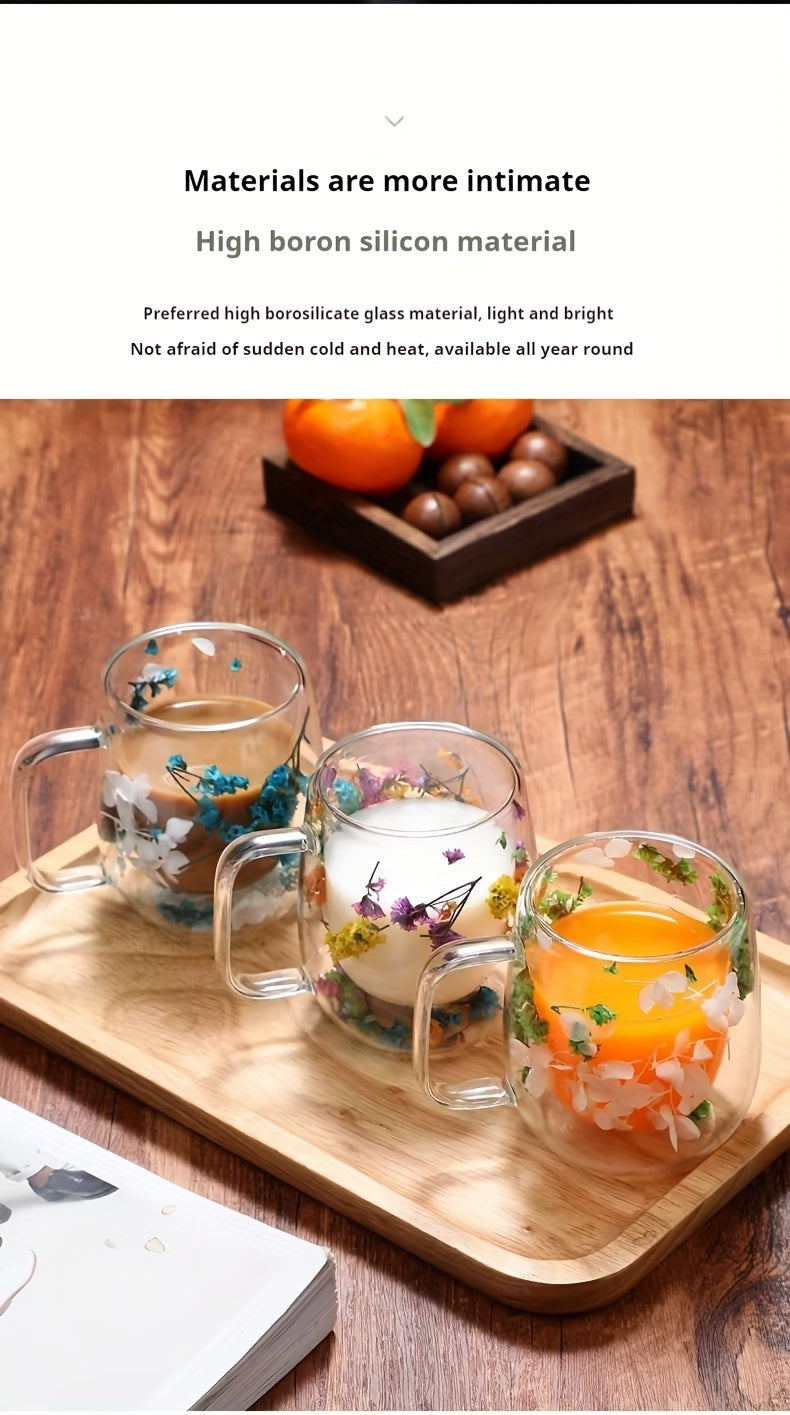 1pc, Flowers Inside Glass Coffee Mug, High Borosilicate Glass Double-Walled Espresso Coffee Cups, Heat Insulated Water Cups, Summer Winter Drinkware, Birthday Gifts