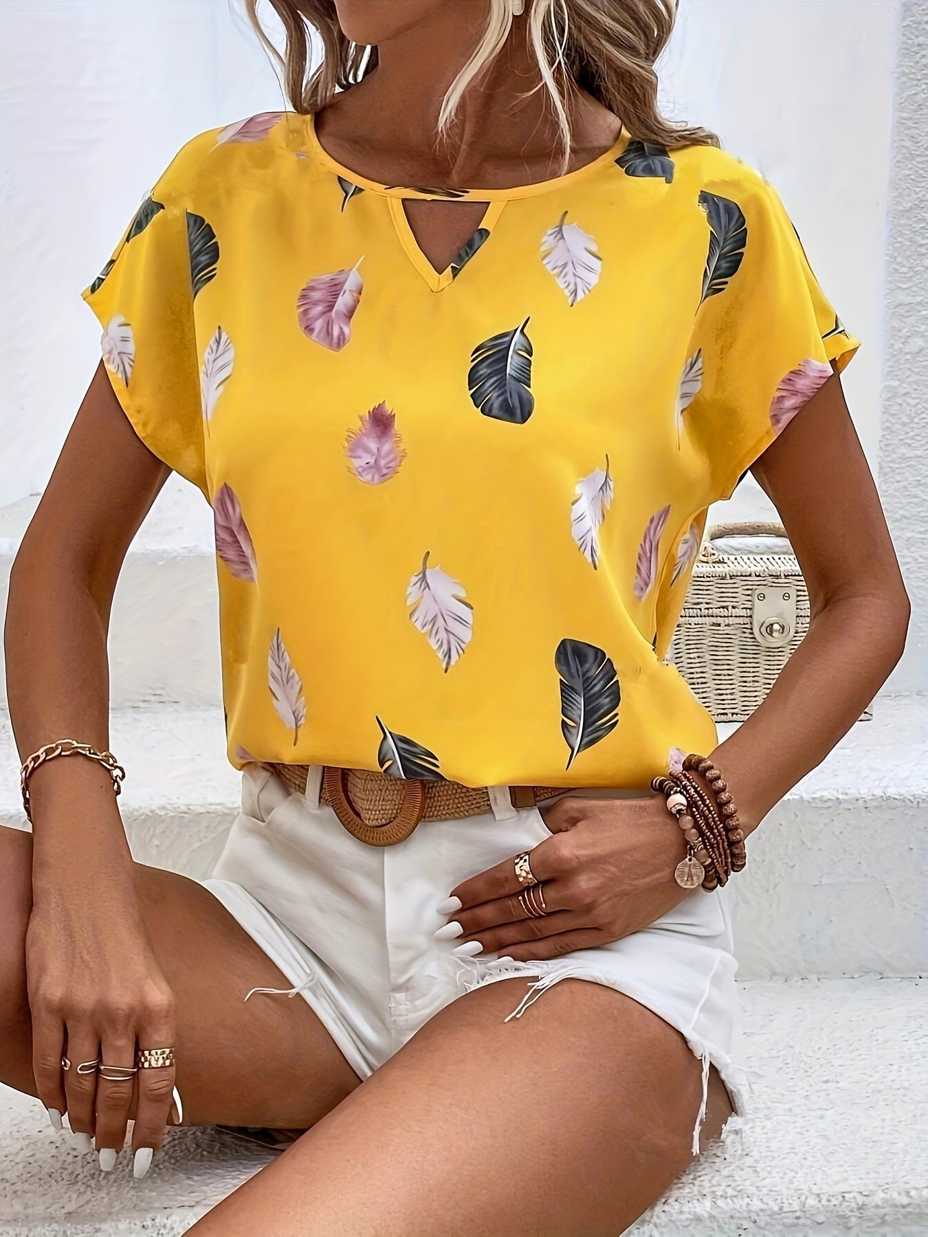 Vintage Graphic Print Cut Out Blouse, Casual Batwing Sleeve Blouse For Spring & Summer, Women's Clothing
