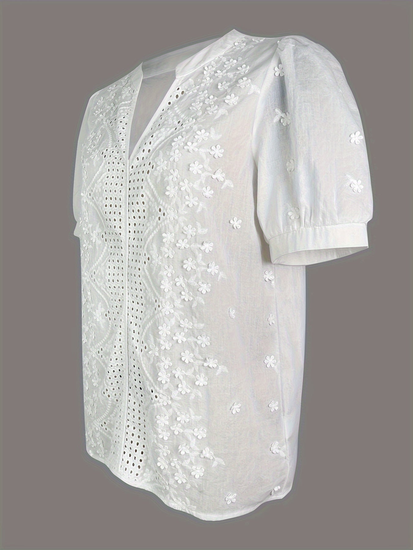 Elegant V-Neck Embroidered Floral Blouse - Sheer Viscose, Machine Washable, Perfect for Spring/Summer