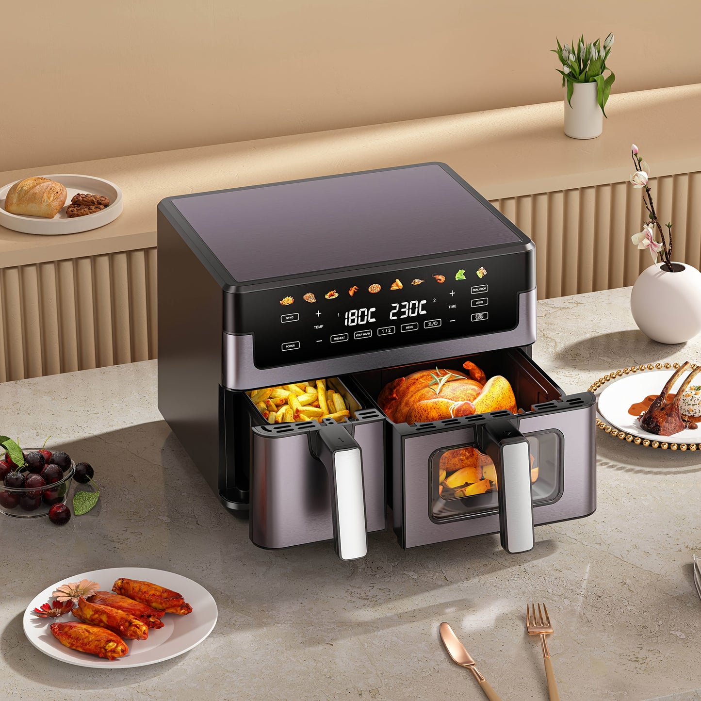 10/11L Air Fryer With Dual Flexi Baskets, Digital Touchscreen, 8 Cooking Modes, Adjustable Temperature, Viewing Window, Dishwasher-Safe, And Healthy Cooking Technology For Families And Meal Prep0/