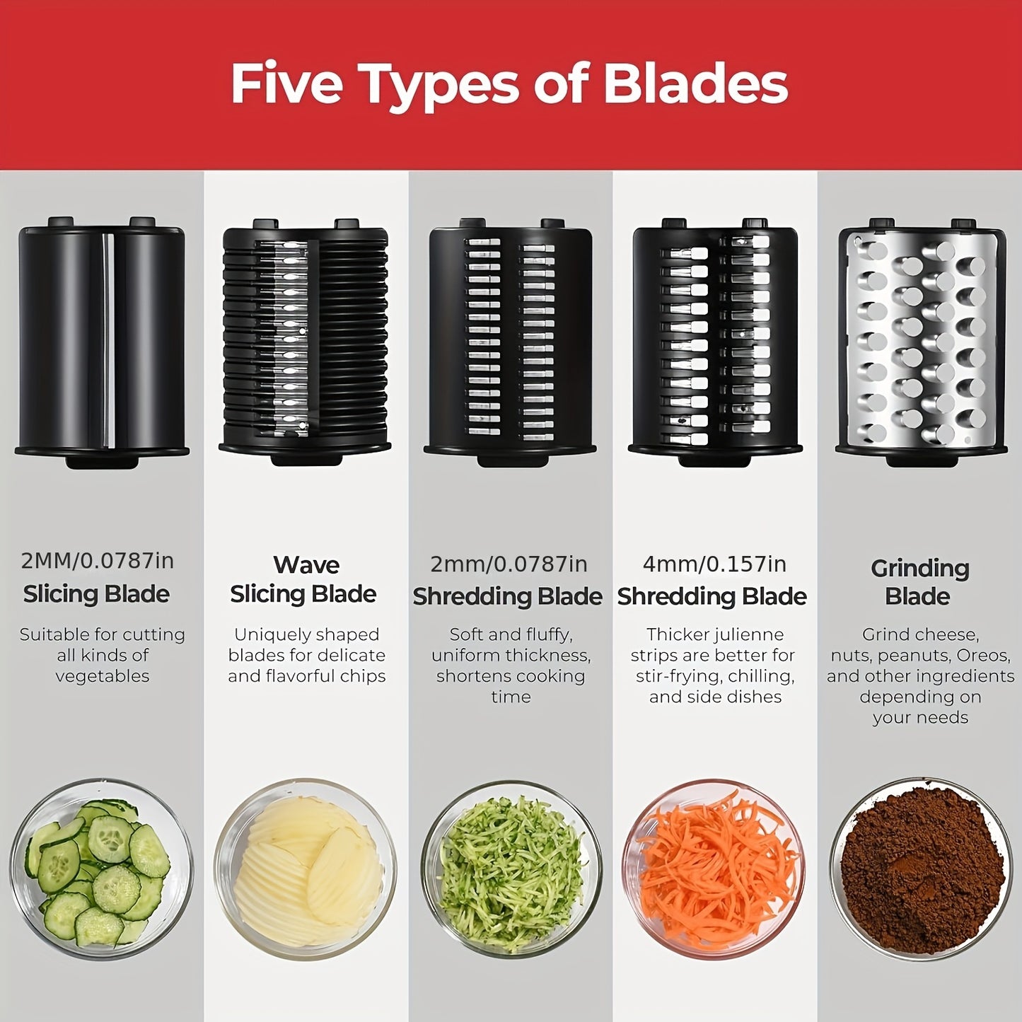 SENBOWE 5-in-1 Electric Cheese Grater & Salad Maker - Versatile Kitchen Gadget with 5 Blades for Perfect Slices, Shreds & Chops - Ideal for Cheese, Vegetables, Nuts & More - Stainless Steel, EU Plug