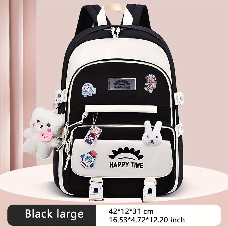 Chic Nylon Backpack for Girls - Cute Cartoon Design, Adjustable Straps, Lightweight backpack, Perfect for Elementary to High School Students