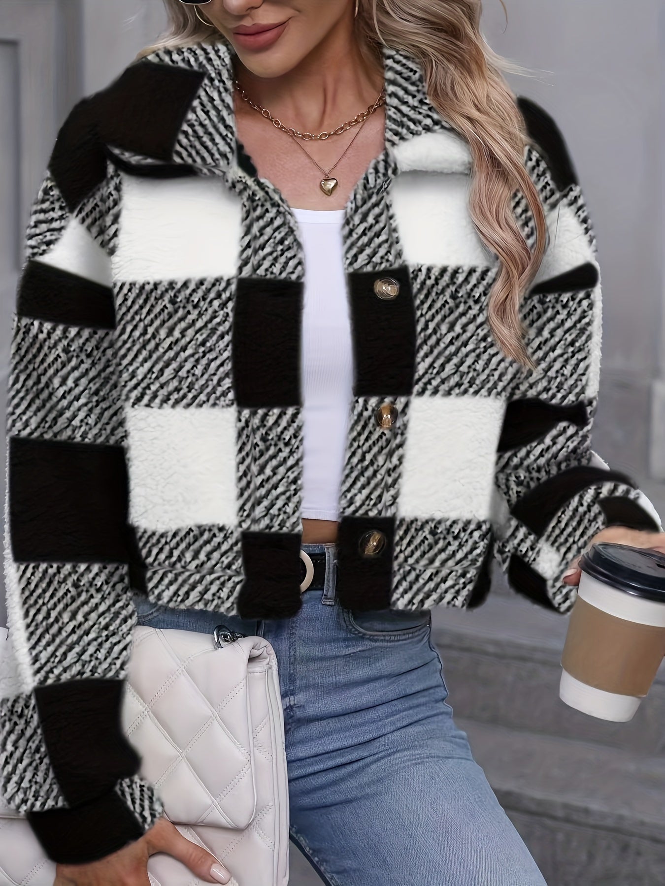 Plaid Teddy Coat, Casual Button Front Long Sleeve Winter Warm Outerwear, Women's Clothing