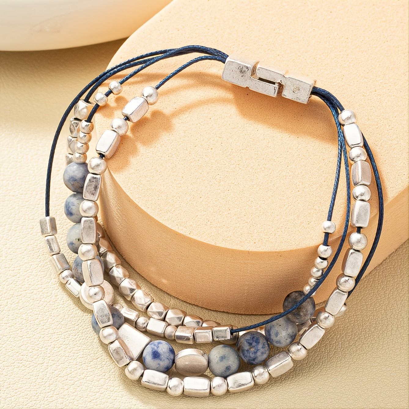 Silver Beaded Lapis Lazuli Magnetic Bracelet Jewelry Gift Birthday Gifts For Women Mom Wife