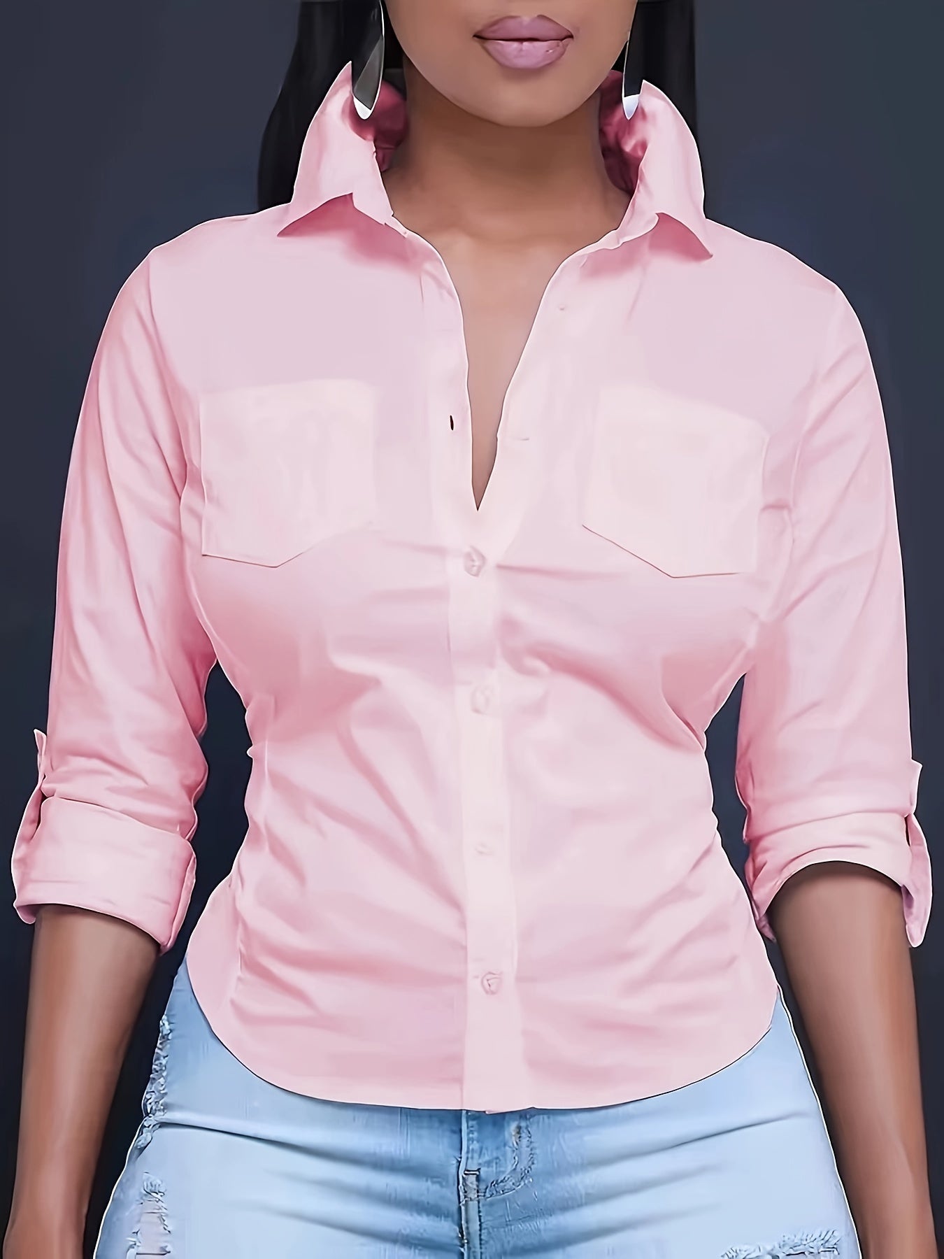 Solid Color Button Front Shirt, Casual Long Sleeve Pocket Shirt For Spring & Fall, Women's Clothing