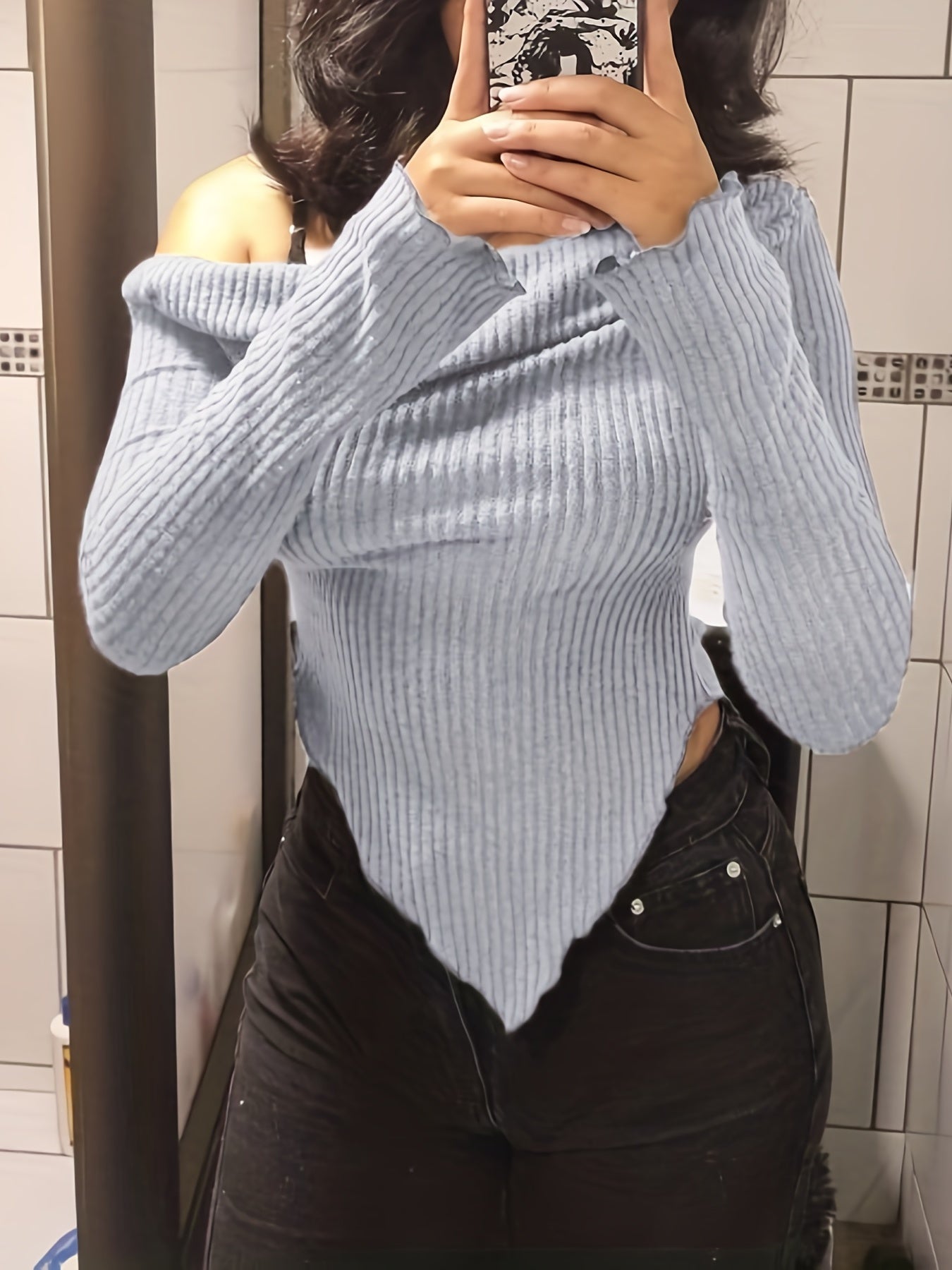 Solid Ruched Asymmetrical Neck T-Shirt, Casual Hanky Hem Long Sleeve Top For Spring & Fall, Women's Clothing