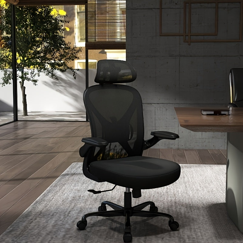 Ergonomic Office Chair with Adjustable Headrest & Lumbar Support, Height-Adjustable Computer Desk Chair with Flip-Up Armrests, 360° Swivel, Breathable Mesh Backrest & Seat, Durable Plastic Frame - Black for Home & Office Use