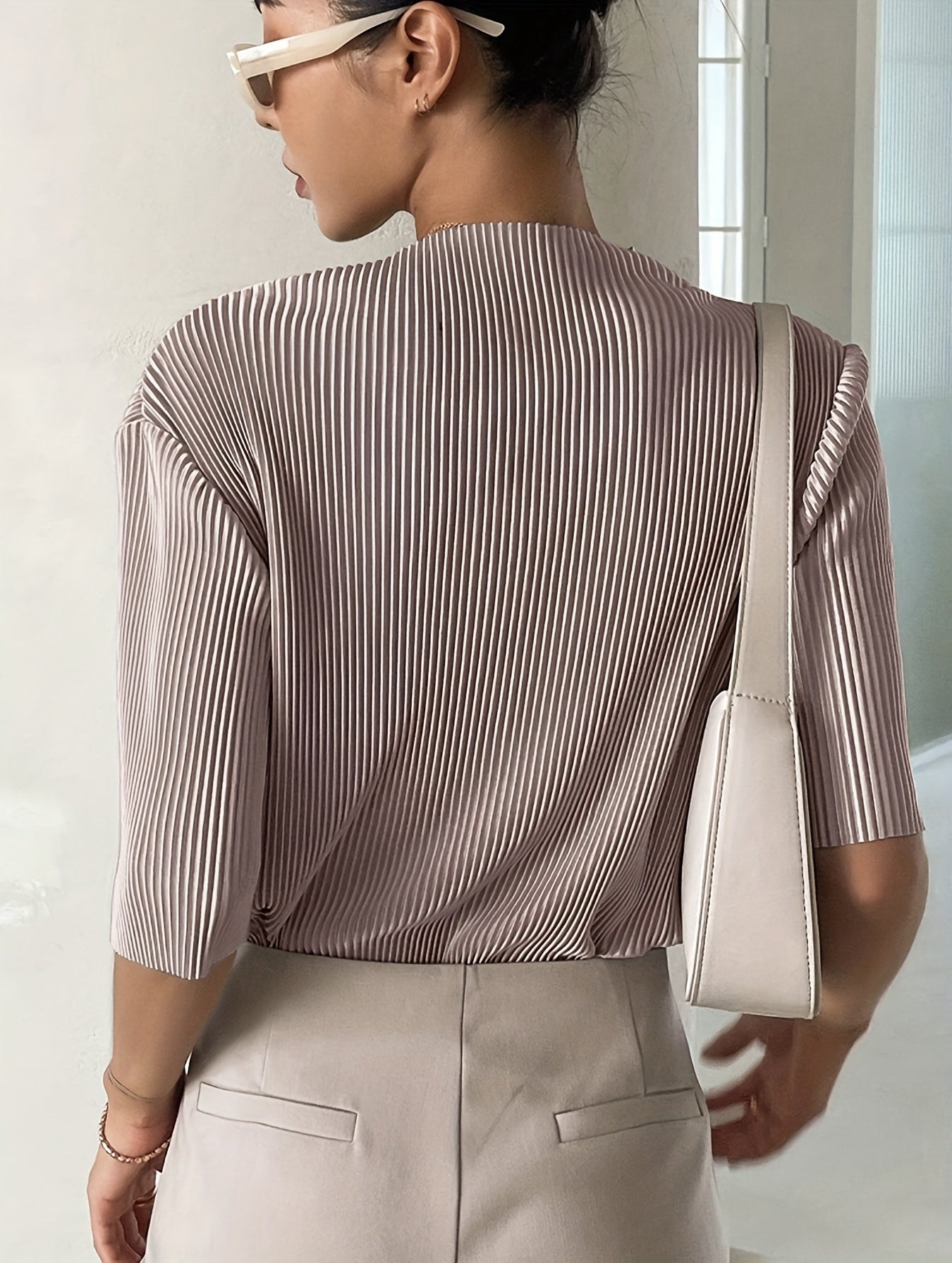 Boat Neck Textured Blouse, Elegant Half Sleeve Blouse For Spring & Summer, Women's Clothing