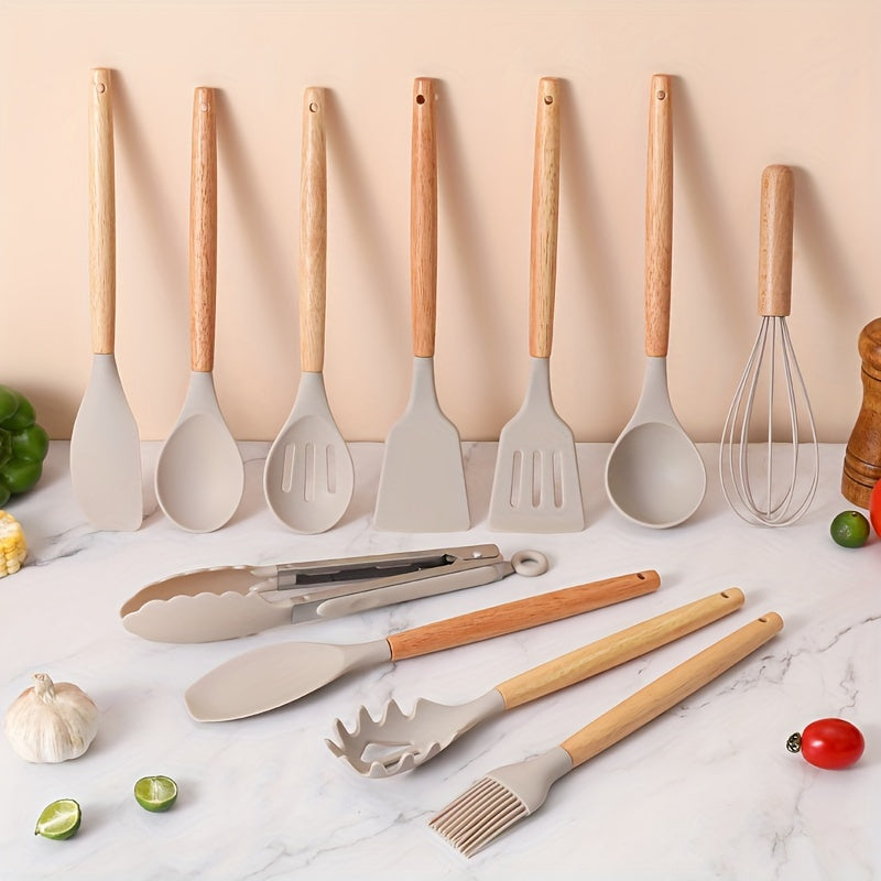 12pcs, Silicone Utensil Set, Khaki Kitchen Utensil Set With Wooden Handle, Safety Cooking Utensils Set, Non-Stick Kitchen Tools Set, Washable Modern Cookware, Kitchen Stuff, Kitchen Gadgets Kitchen Accessories