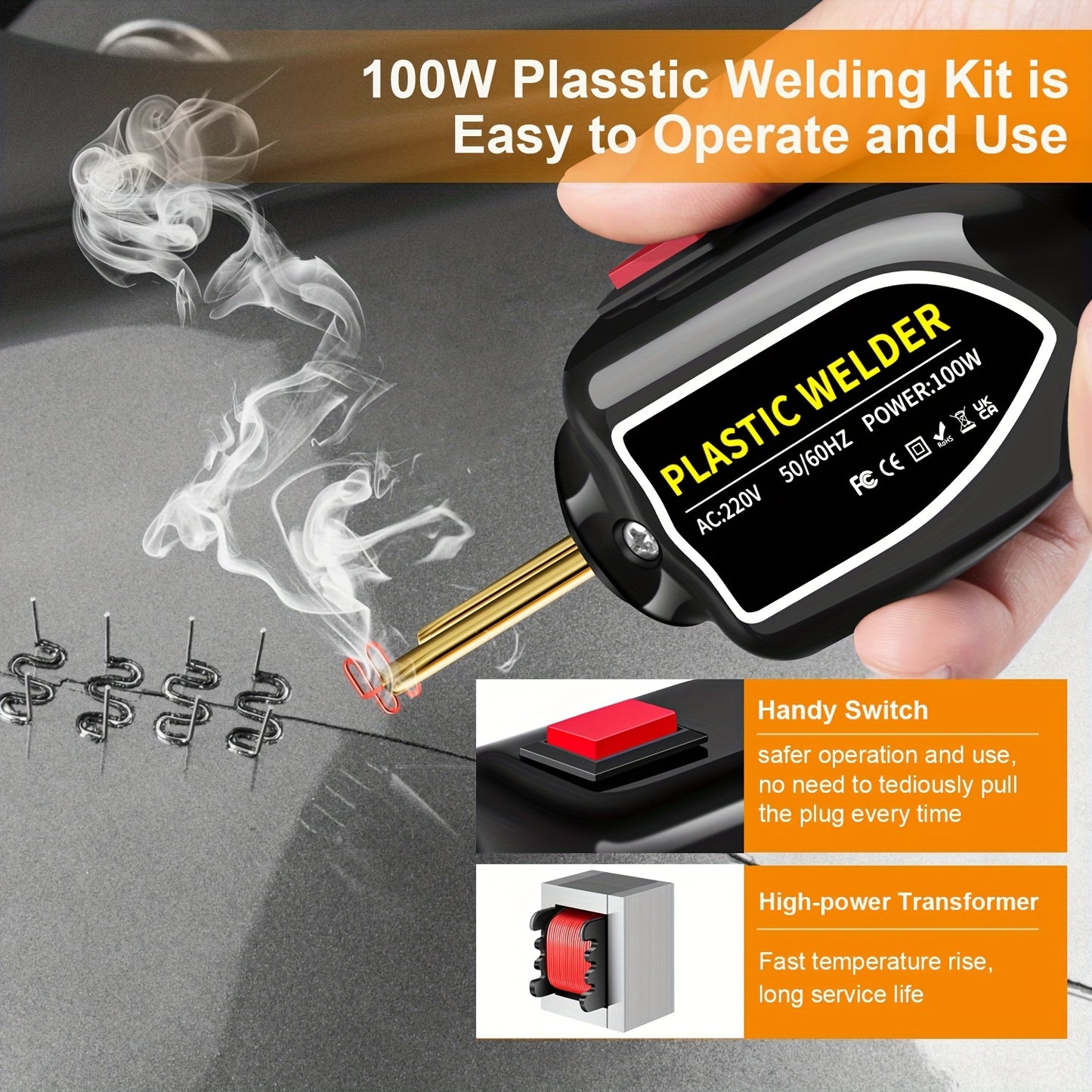 Hot Stapler Mini Plastic Welding Machine Plastic Repair Welder Kit, Car Bumper Repair Kit With 400Pcs/800Pcs Flat/Wave/Outside Inside Corner Hot Staples For Repairing Crack Broken Plastic 220V EU PLUG