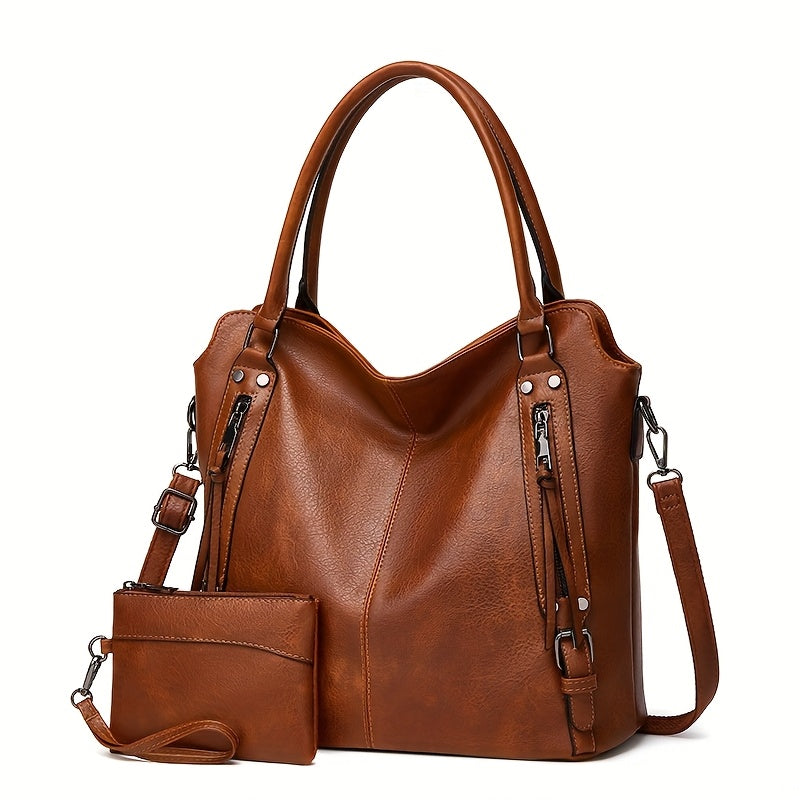 Women'S Large Capacity Tote Bag - Stylish Brown with Golden-Tone Hardware, Zipper Closure & Detachable Strap, Perfect for Work Or Everyday Use, Versatile Carryall | Elegant | Durable, Large Tote Bag