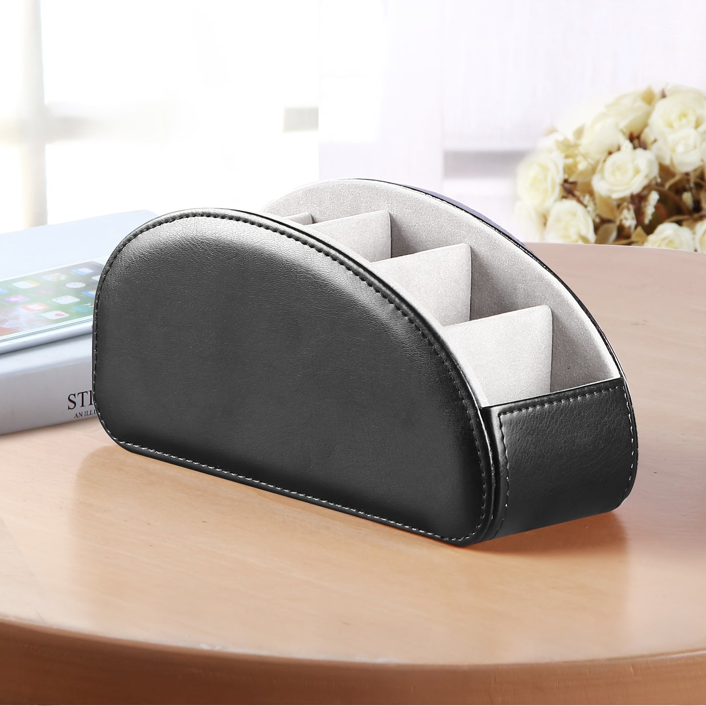 Remote Control Holder with 5 Compartments, PU Leather Multifunctional Desktop Storage Box/Remote Caddy/Pen Holder/Multi-Scene Practical Desk Organizer Shelf for Appliance Controllers, Stationery, Eyeglasses, Brushes, Office S