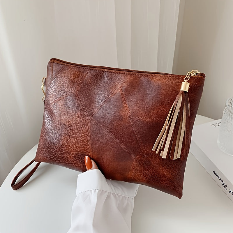Women's Vintage Handbag & Wallet Clutch - Detachable Strap & Zipper Closure, Tassel Fringe Tassel Chain Strap, Golden-Tone Hardware, Deep Brown/Black Retro Wallet Purse for Everyday & Formal Events, Lining, Geometric Pattern,