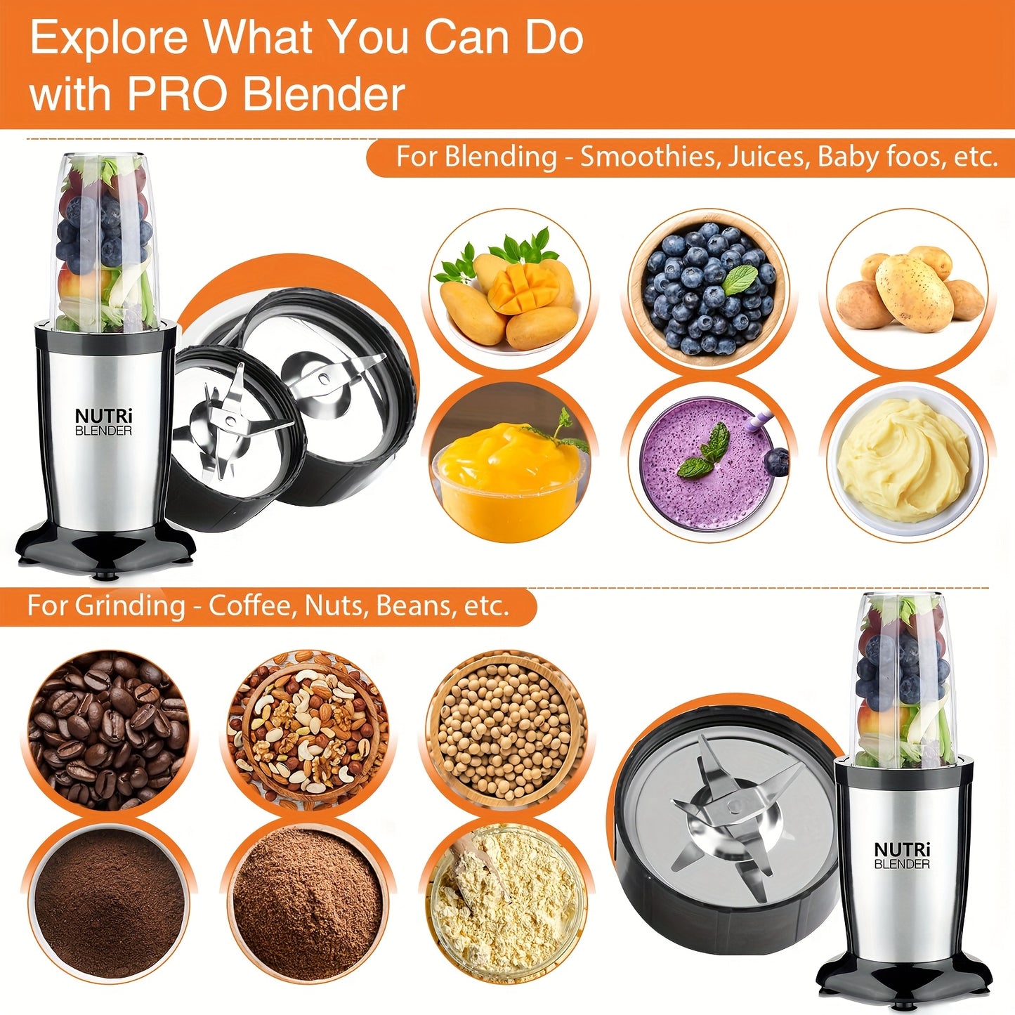 Smoothie Blender, Milkshake And Smoothie Blender, 15pcs Kitchen Personal Blender And Grinder Combo, Single Blender for Making Juice, Baby Food And Nutritional Recipes with Clean Brush