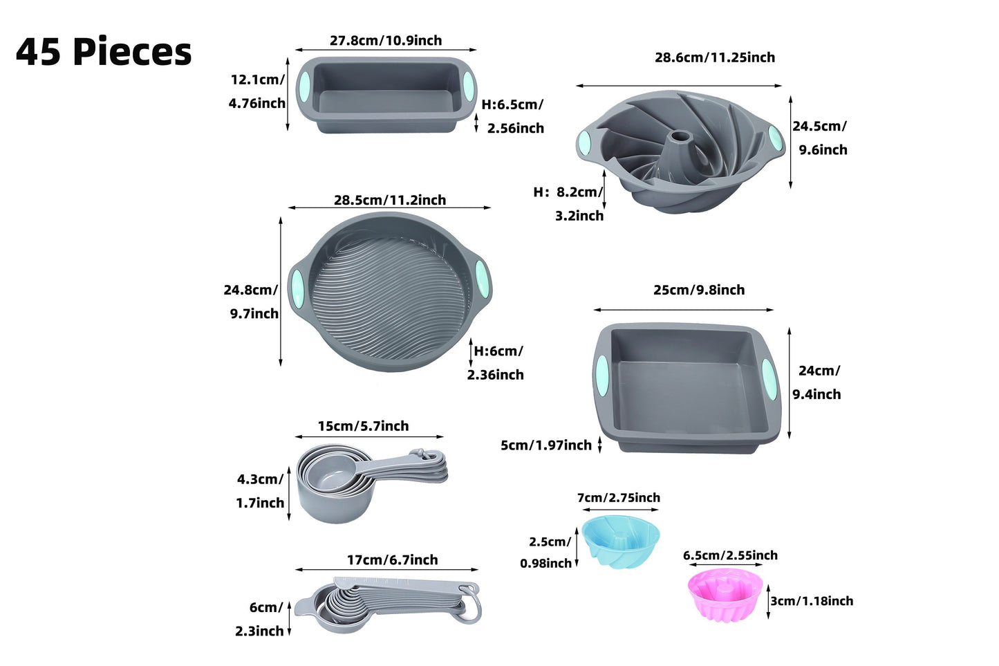 45pcs/set, Silicone Baking Set, Nonstick Bakeware Set Baking Cookie Sheets Cake Muffin Bread Pan, Loaf Pan, Cake Pan, Pizza Pan, Mini Cupcake Mold, Bundt Pan, Charlotte Cake Pan, Measuring Cup And Spoon, Baking Tools
