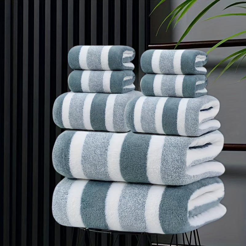 8pcs Set of Lint-Free, Super Absorbent And Super Soft Five-Star Hotel Standard Two-Color Striped Bath Towel Set, Including 2 Large Bath Towels, 2 Large Face Towels And 4 Hand Towels - Quick Drying | with Hanging Loop | Light