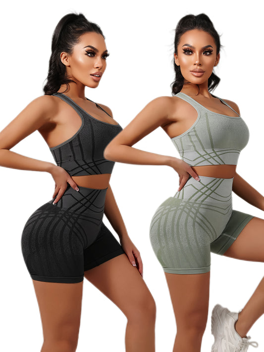 2pcs Women's High-Waisted Yoga Set - Full Coverage Sports Outfit with Gradient Color Block (Black/Grey/Olive Green/More) | 4-Season Workout Pants & Top | High-Stretch Opaque Fabric, Tummy Control Gym Wear for Yoga, Pilates, R