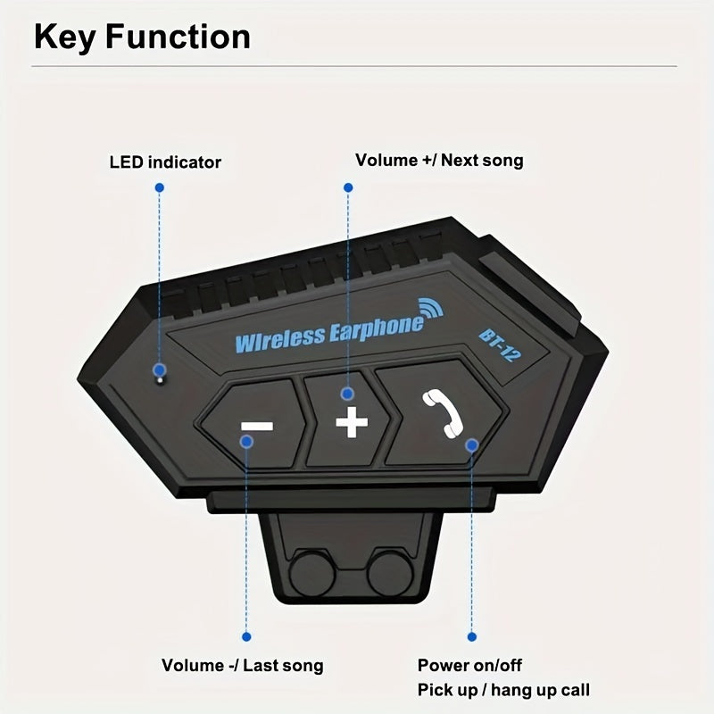Wireless 12, Wireless Motorcycle Helmet Earphone Headset Hands-free Call Kit Stereo Music Player Speaker