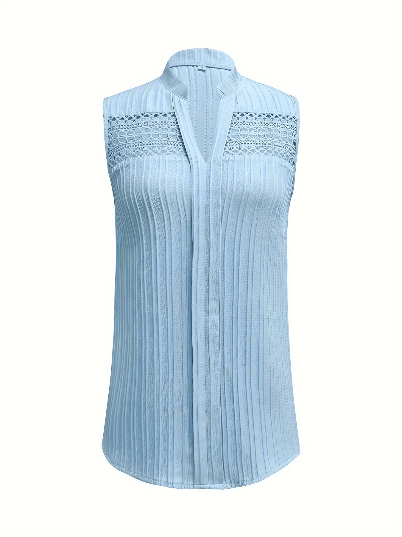 Lace Stitching V-neck Blouse, Elegant Sleeveless Top For Spring & Summer, Women's Clothing