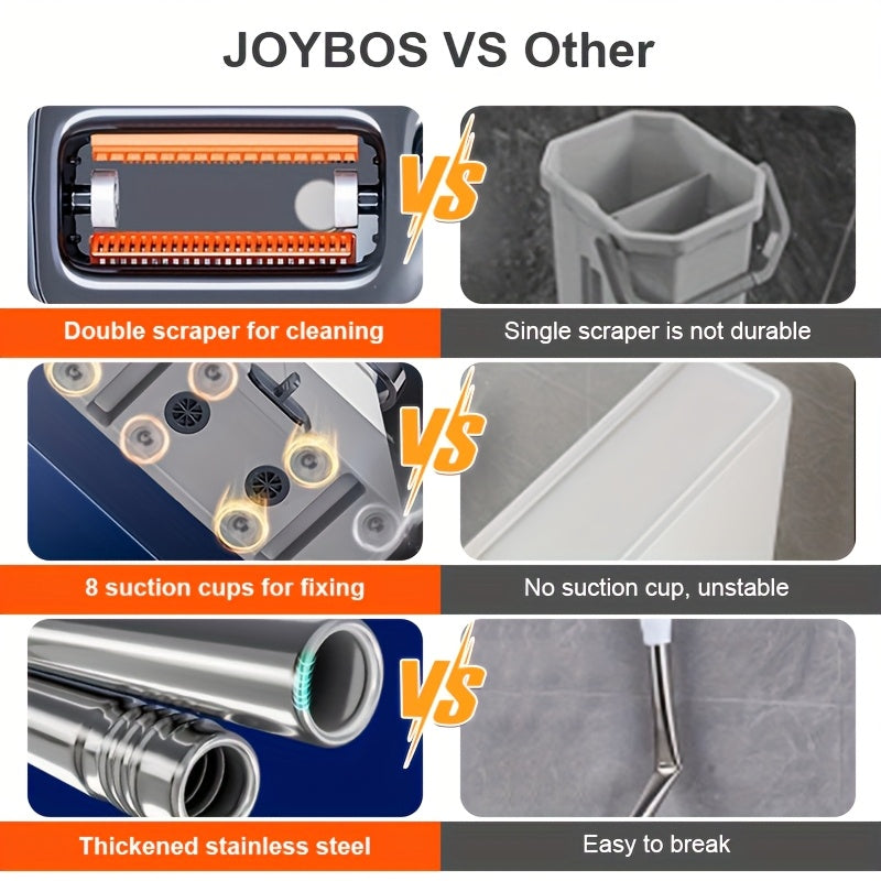 JOYBOS Advanced Lazy Mop Kit - Hand-Free Flat Mop with Scraper Bucket, Stainless Steel & Durable ABS Construction, 2 Washable Microfiber Pads for Living Room, Bathroom, Kitchen, Patio, Vinyl Wood & Tile Floors, No Electricity