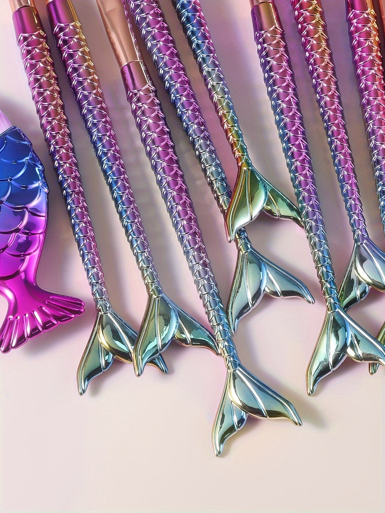11pcs Mermaid Makeup Brush Set - Fish Tail Design, Nylon Bristles for All Skin Types, Fragrance-Free Beauty Tools