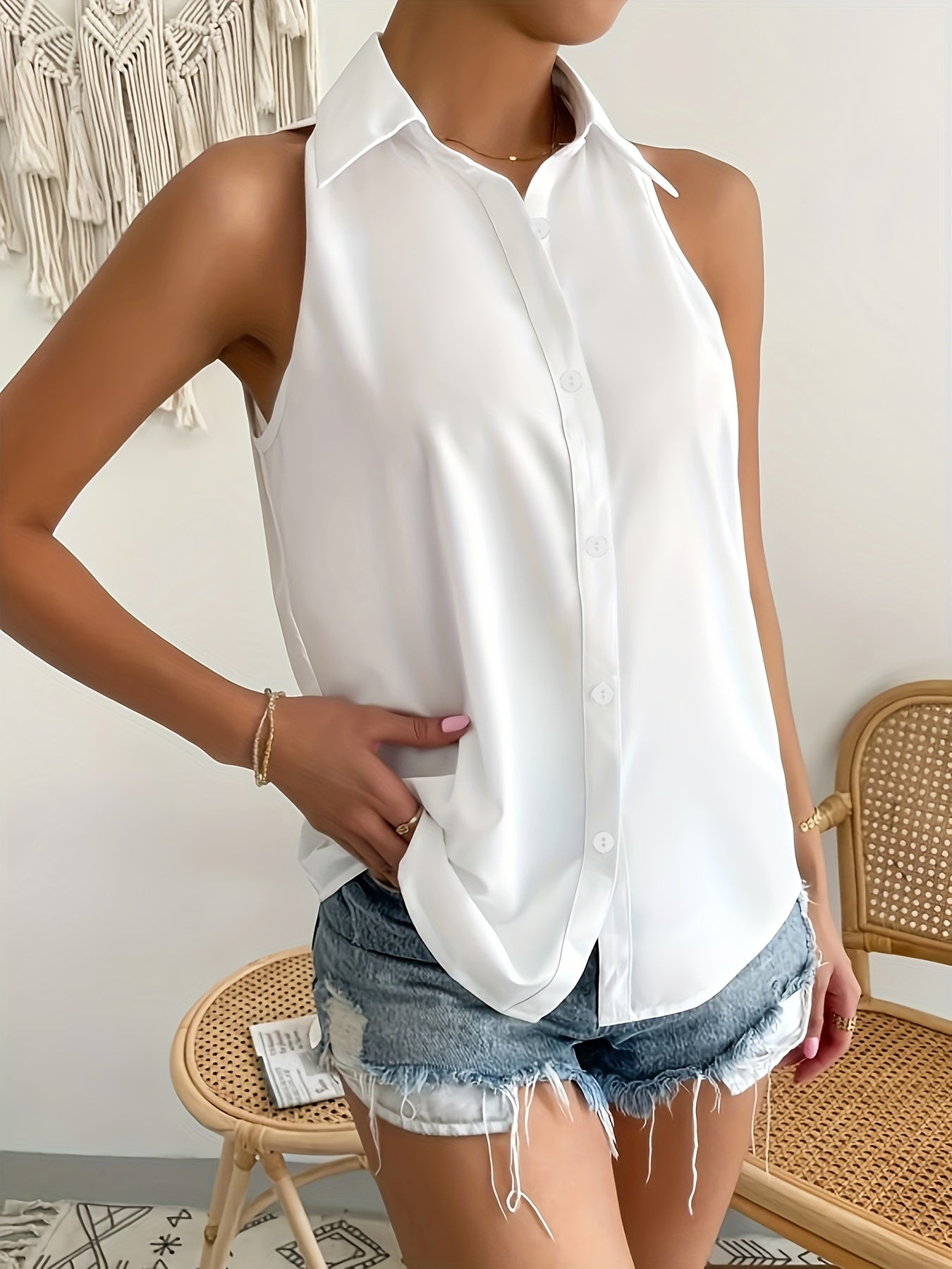 Solid Button Front Simple Blouse, Versatile Sleeveless Blouse For Spring & Summer, Women's Clothing