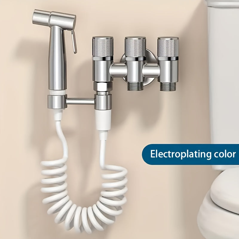 3-in-1 Stainless Steel Water Distributor with Spray Gun - Wall-Mounted, Chrome Finish, Valve Core, No Electricity Needed for Bathroom & Kitchen, Durable Metal Design, Water Flow Control, Modern Aesthetic, Smooth Finish