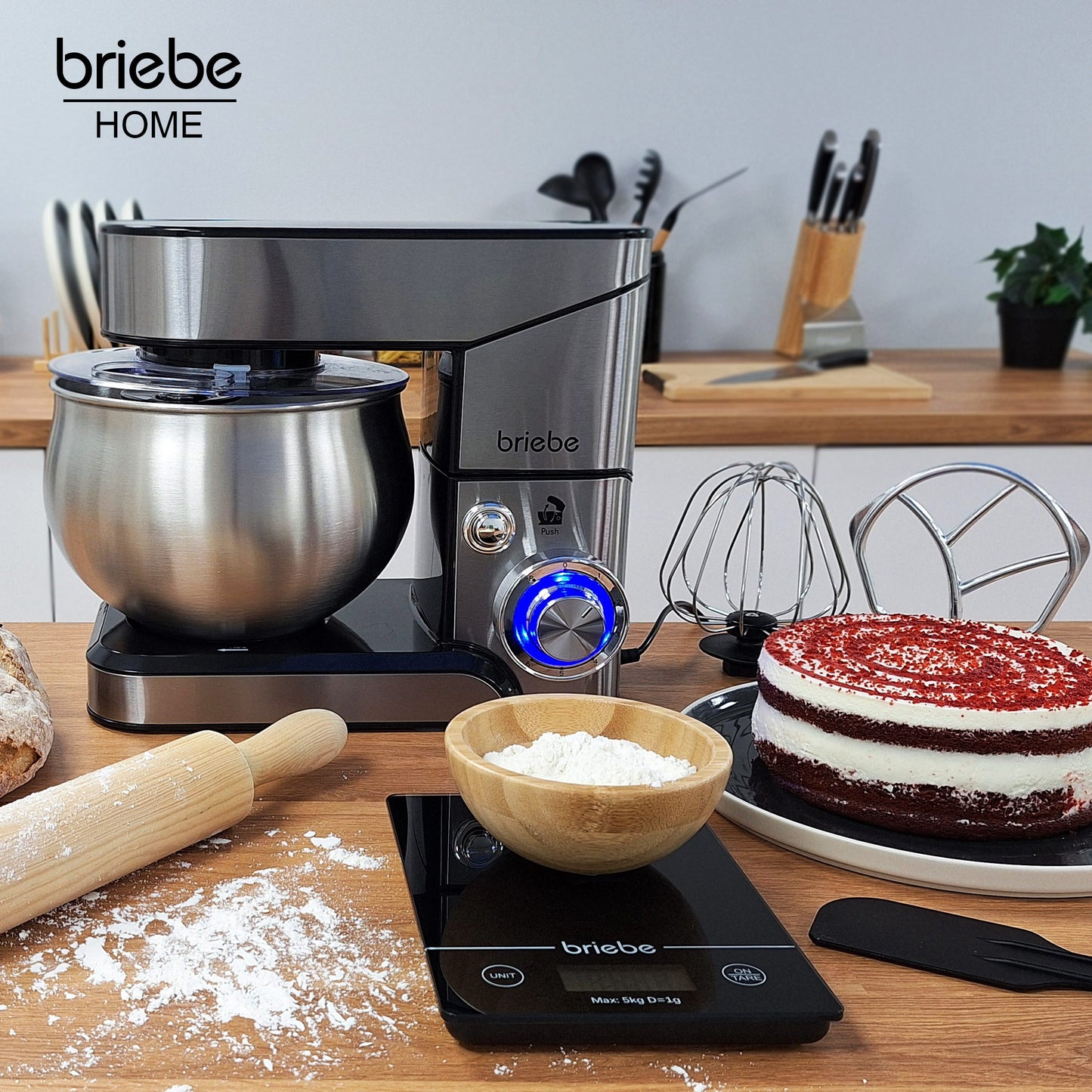 Mixer Kneader Pastry 1800W MAX, Professional Kitchen Robot + Scale, Orbital Movement, Rods, Dough Hook, 5 L Bowl, 6 Speeds + Pulse Function, Stainless Steel KM1114B, Briebe, Stainless Steel
