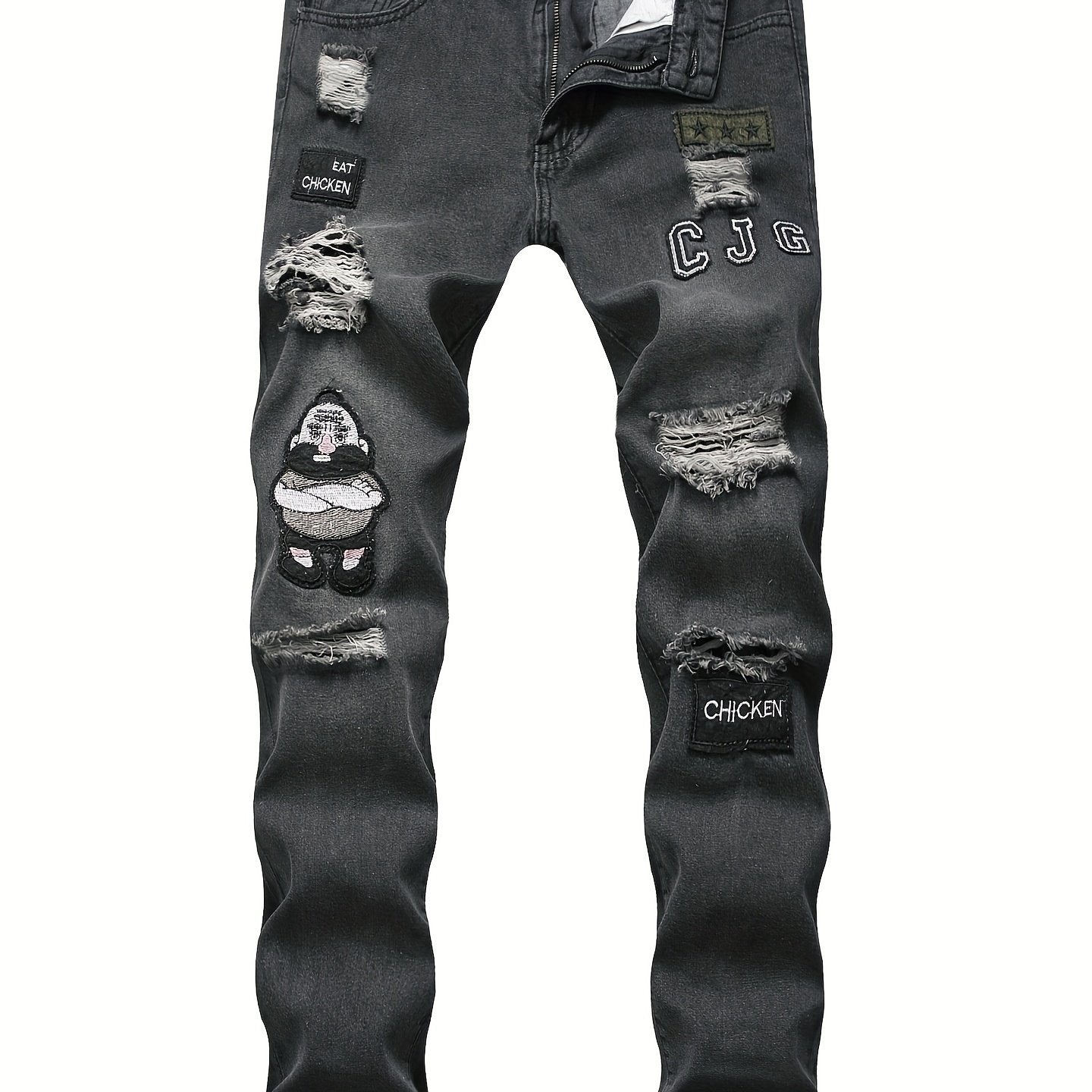 Men Fashion White Ripped Distressed Destroyed Washed Denim Jeans Ripped Slim Fit Wild Jeans White Denim Pants