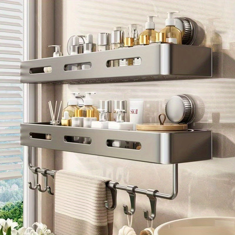 Simple to Install Suction Cup Shower Organizer - Heavy-Duty Rust-Resistant Plastic Wall-Mounted Floating Shelf with Sturdy Adhesive, Space-Saving Bathroom Storage for Shampoo, Soap & Toiletries, No Metal Pipes, Easy Assembly,