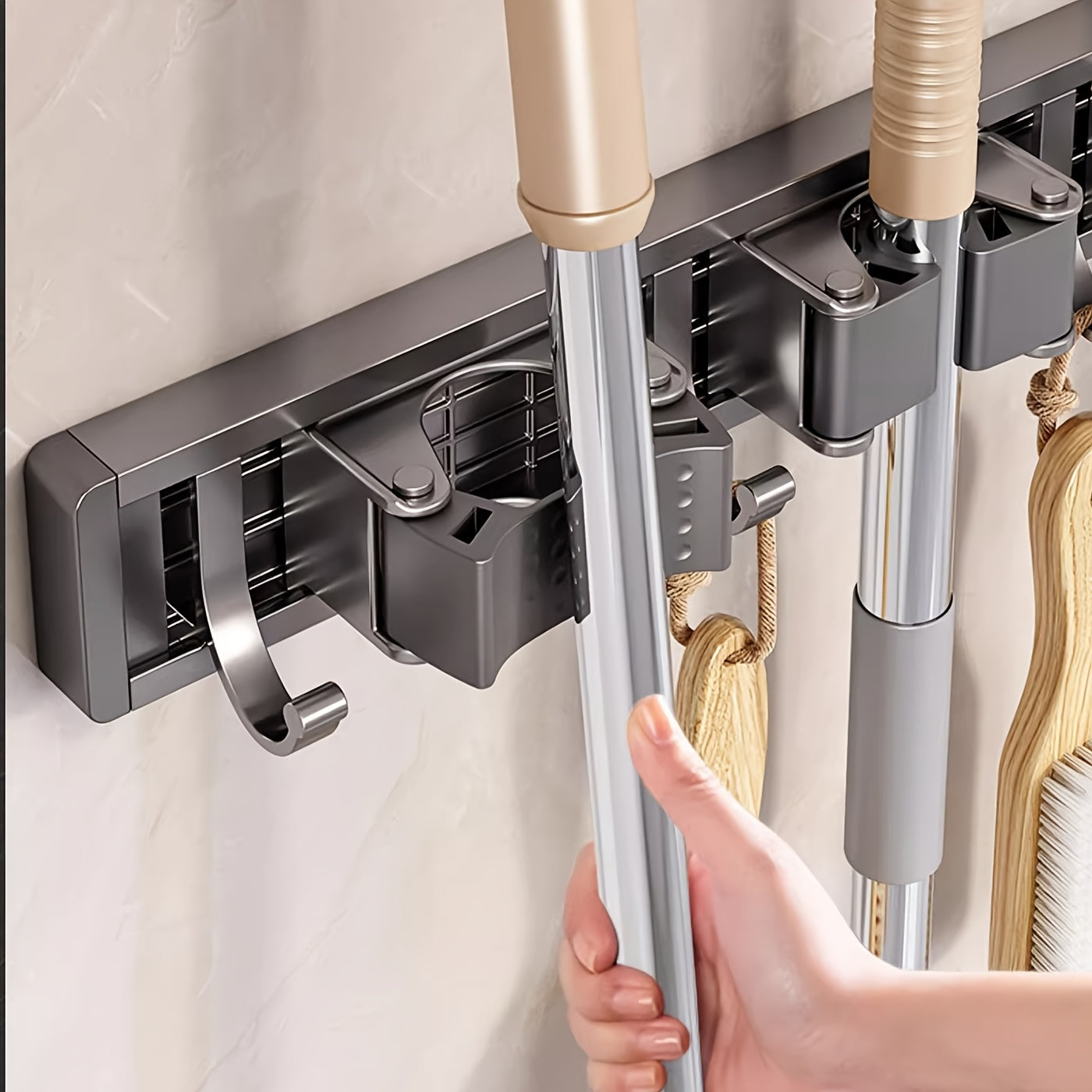 Bathroom Storage Rack Metal Mop & Broom Holder with Adjustable Hooks, Wall-Mounted Storage Organizer for Home, Kitchen, Garden, Laundry, Garage - Lacquered, Space-Saving Shelf for Mops, Brooms, Tools, Shelves