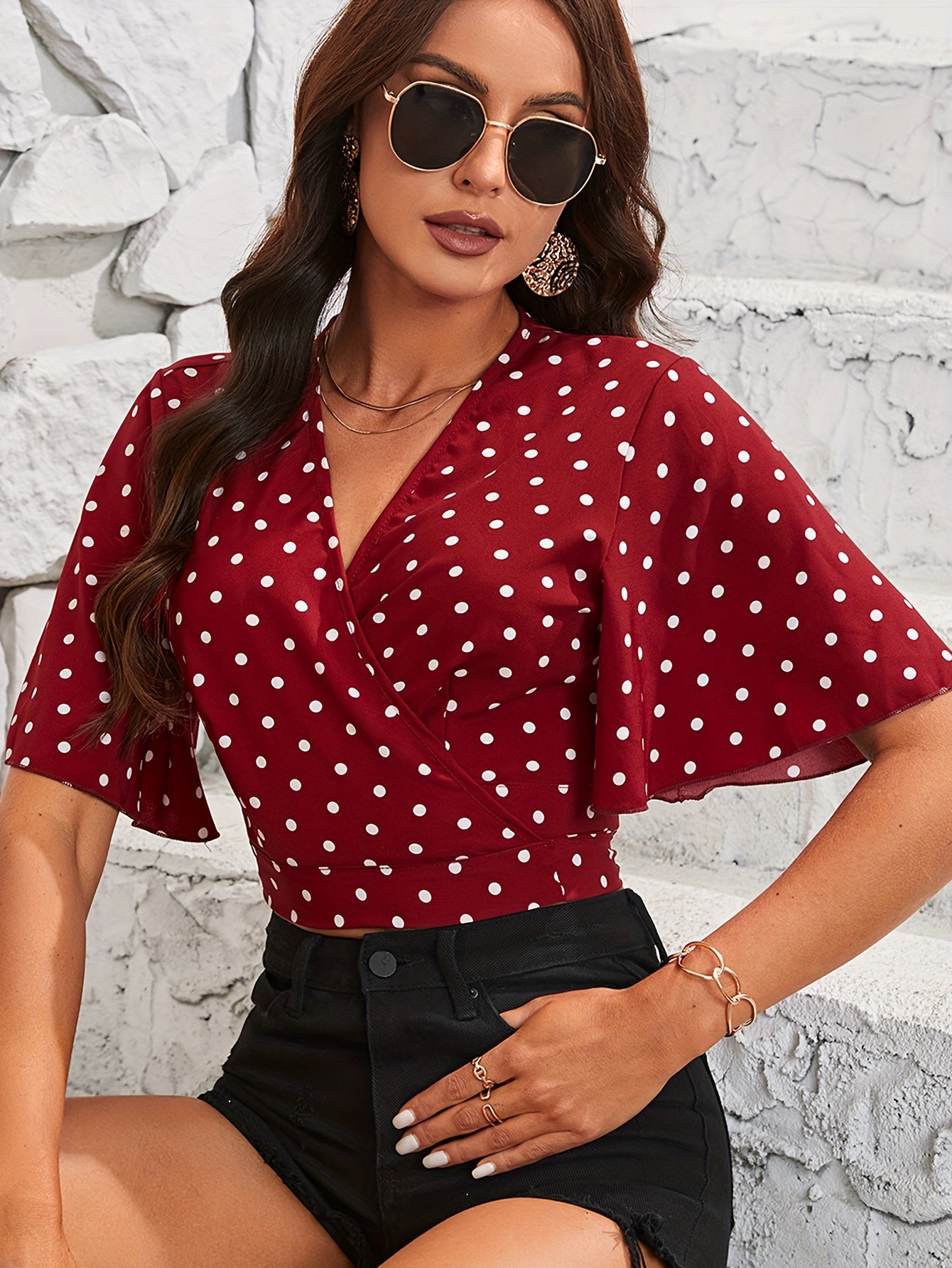 Polka Dot Print Surplice Neck Blouse, Elegant Ruffle Sleeve Crop Top For Spring & Summer, Women's Clothing