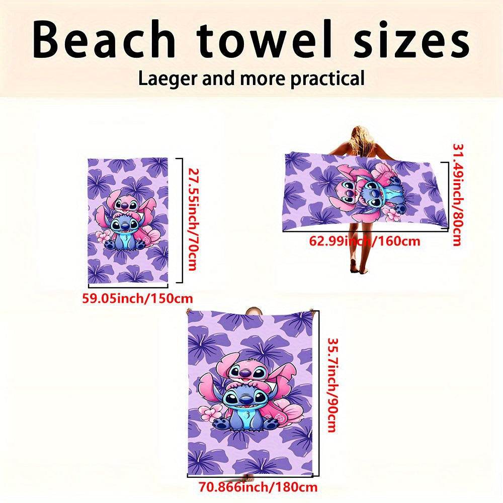 1pc Stitch Beach Towel - Soft Microfiber, Quick-Dry, Vibrant Purple & Pink Floral Design, Perfect for Yoga, Travel, Swimming, Fitness, Camping - Ideal St. Patrick'S Day Gift, Beach Accessories | Playful Design | Quick Dry Tow