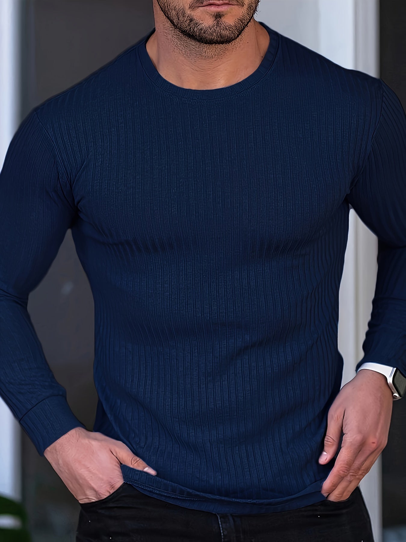 Ribbed Men's Casual Stretch Breathable Lightweight Long Sleeve Round Neck T-shirt For Spring Fall, Running Training