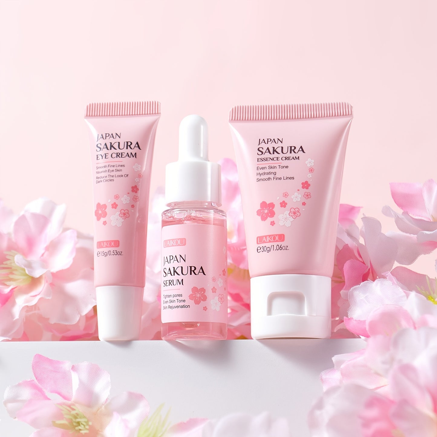 3pcs Set LAIKOU Japanese Cherry Blossom Skin Care Set 3 Piece Serum Liquid Eye Cream Face Cream Skin Care Kit Gifts