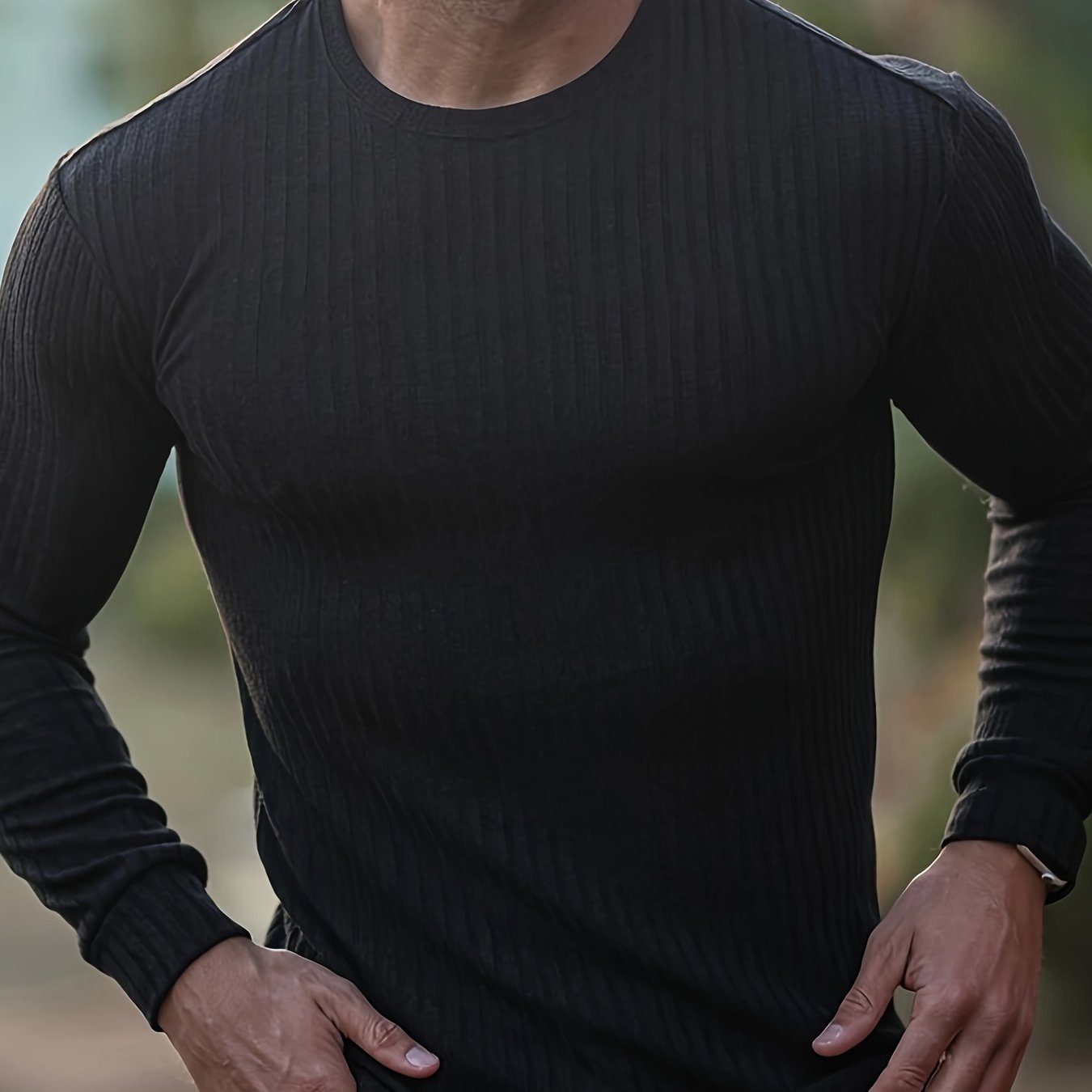 Ribbed Men's Casual Stretch Breathable Lightweight Long Sleeve Round Neck T-shirt For Spring Fall, Running Training
