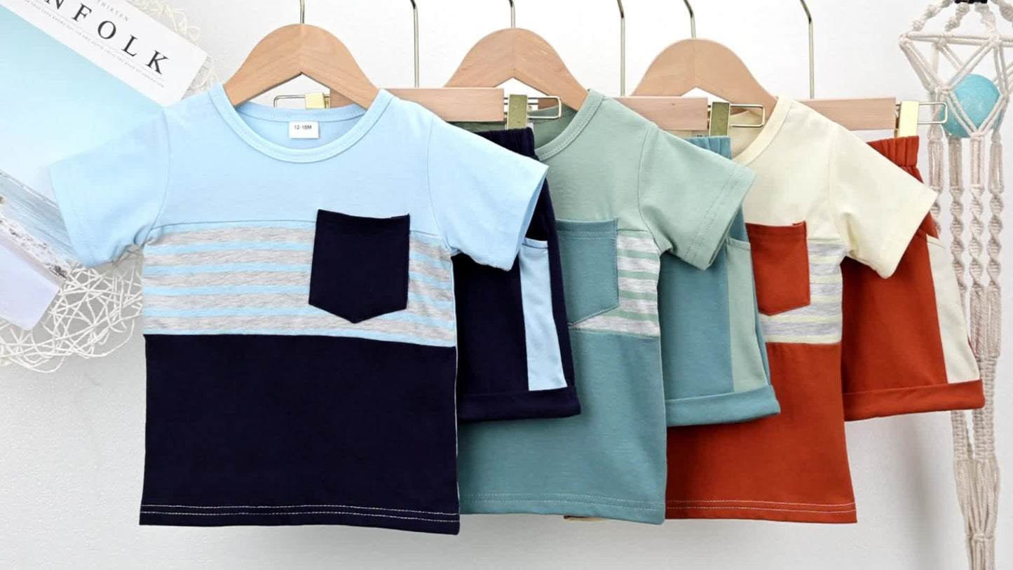 2pcs Baby Boys Summer Outfit Set - Cotton & Polyester Crew Neck T-Shirt with Stripes & Patch Detail, Short Sleeve, Drop Shoulder, Knit Fabric, with Matching Shorts with Belt & Fake Drawstring - Regular Fit, for Outdoor