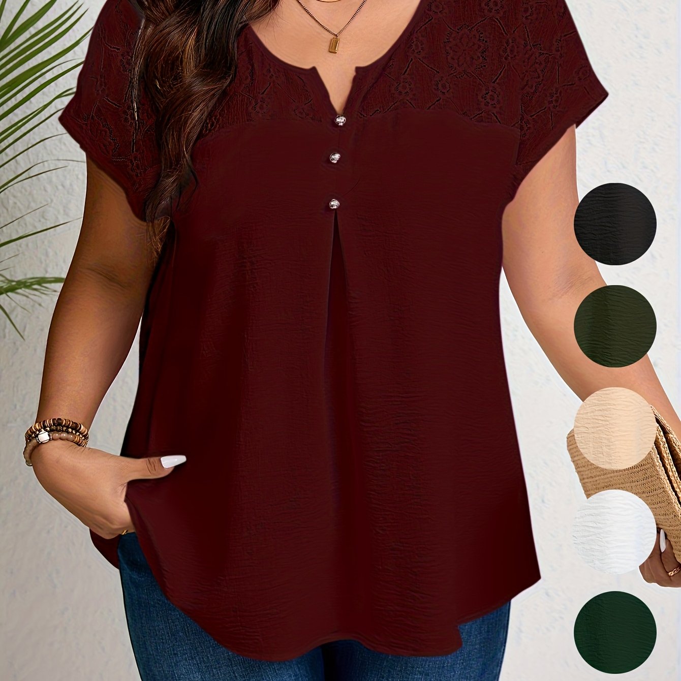 Women'S Plus Size Casual Top - Elegant Maroon Blouse with Contrast Lace Detail, Non-Stretch Fabric, Perfect for Spring/Summer/Fall, Plus Size Blouses