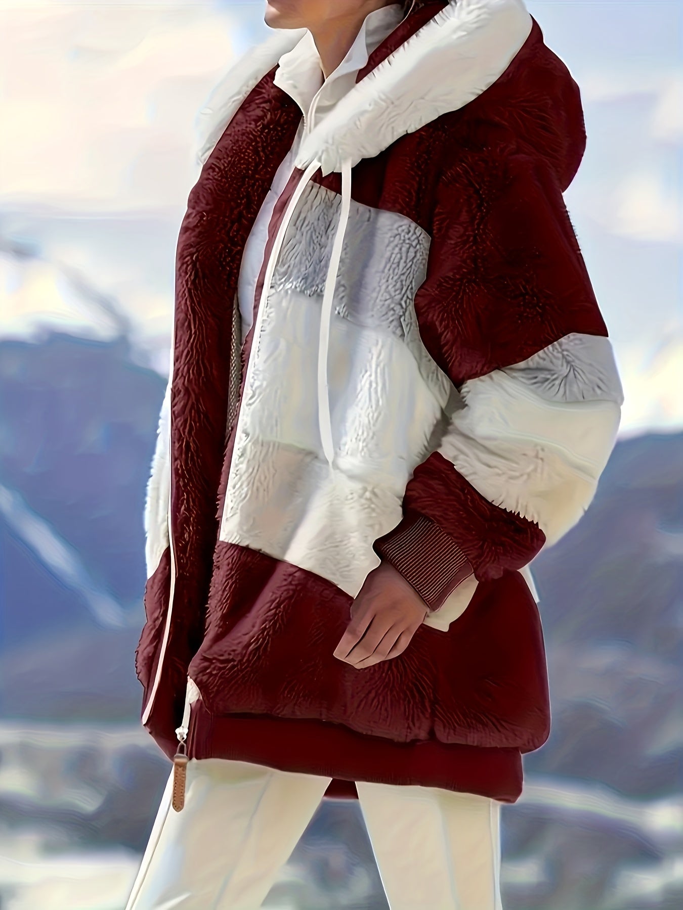 Women's Plush Faux Fur Hooded Jacket - Loose Fit Color Block Coat with Blue/Beige/White/Black Design, Long Sleeve Winter Warmth, Machine Washable for Casual & Formal Outfits, Ladies Winter Coats, Autumn Layering Piece, Formal