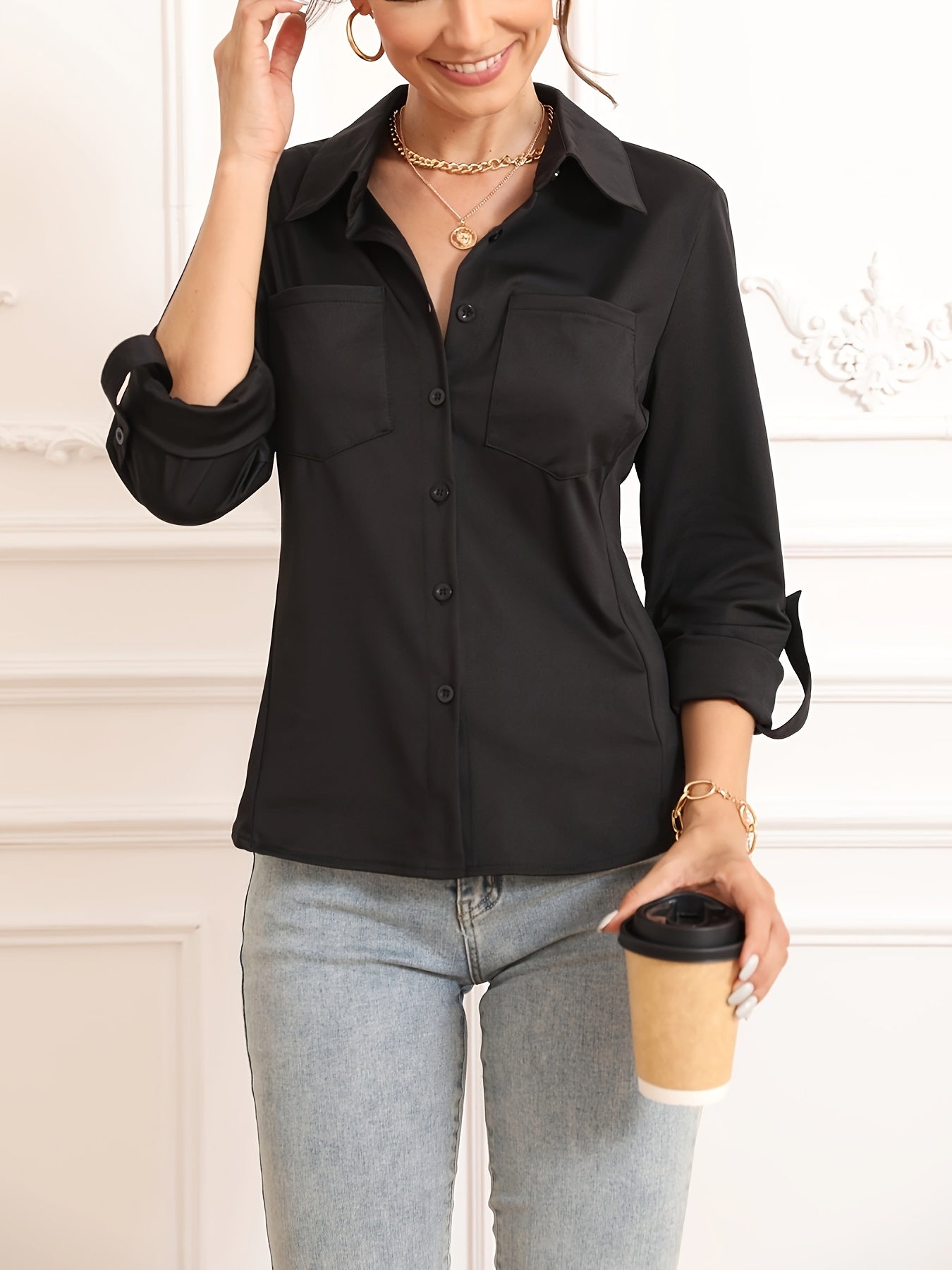 Solid Color Button Front Shirt, Casual Long Sleeve Pocket Shirt For Spring & Fall, Women's Clothing