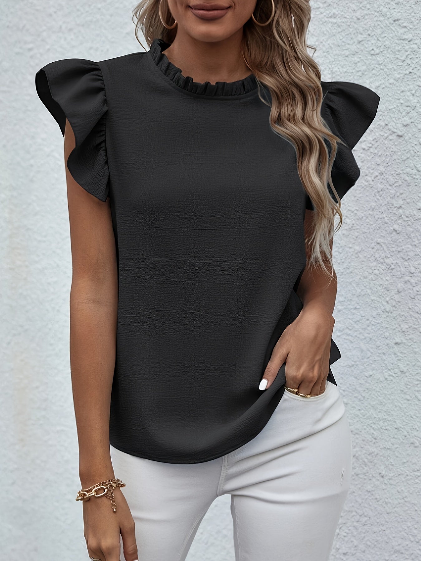 Ruffle Trim Solid Blouse, Elegant Blouse For Spring & Summer, Women's Clothing Wedding holiday vacation