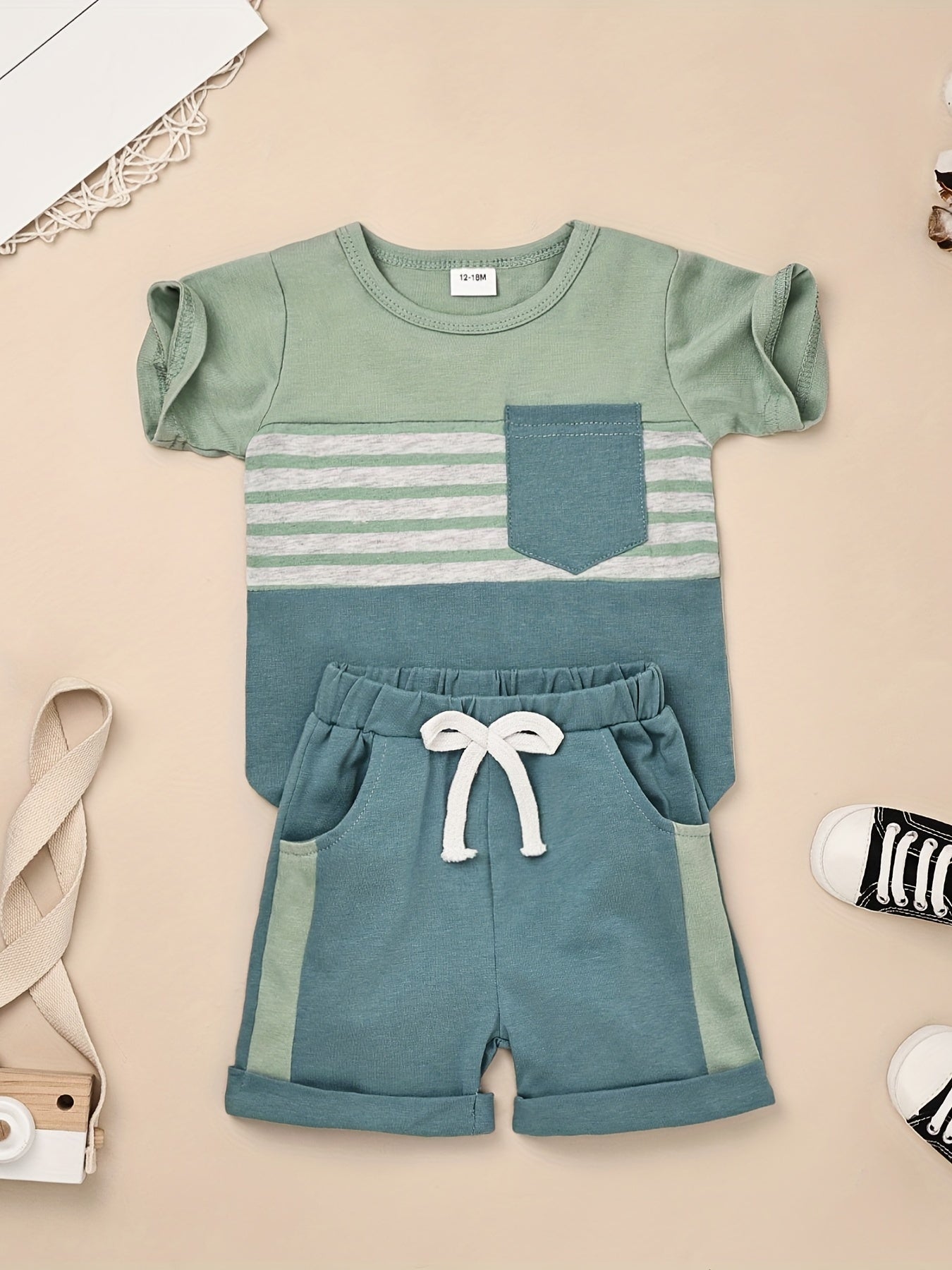 2pcs Baby Boys Summer Outfit Set - Cotton & Polyester Crew Neck T-Shirt with Stripes & Patch Detail, Short Sleeve, Drop Shoulder, Knit Fabric, with Matching Shorts with Belt & Fake Drawstring - Regular Fit, for Outdoor