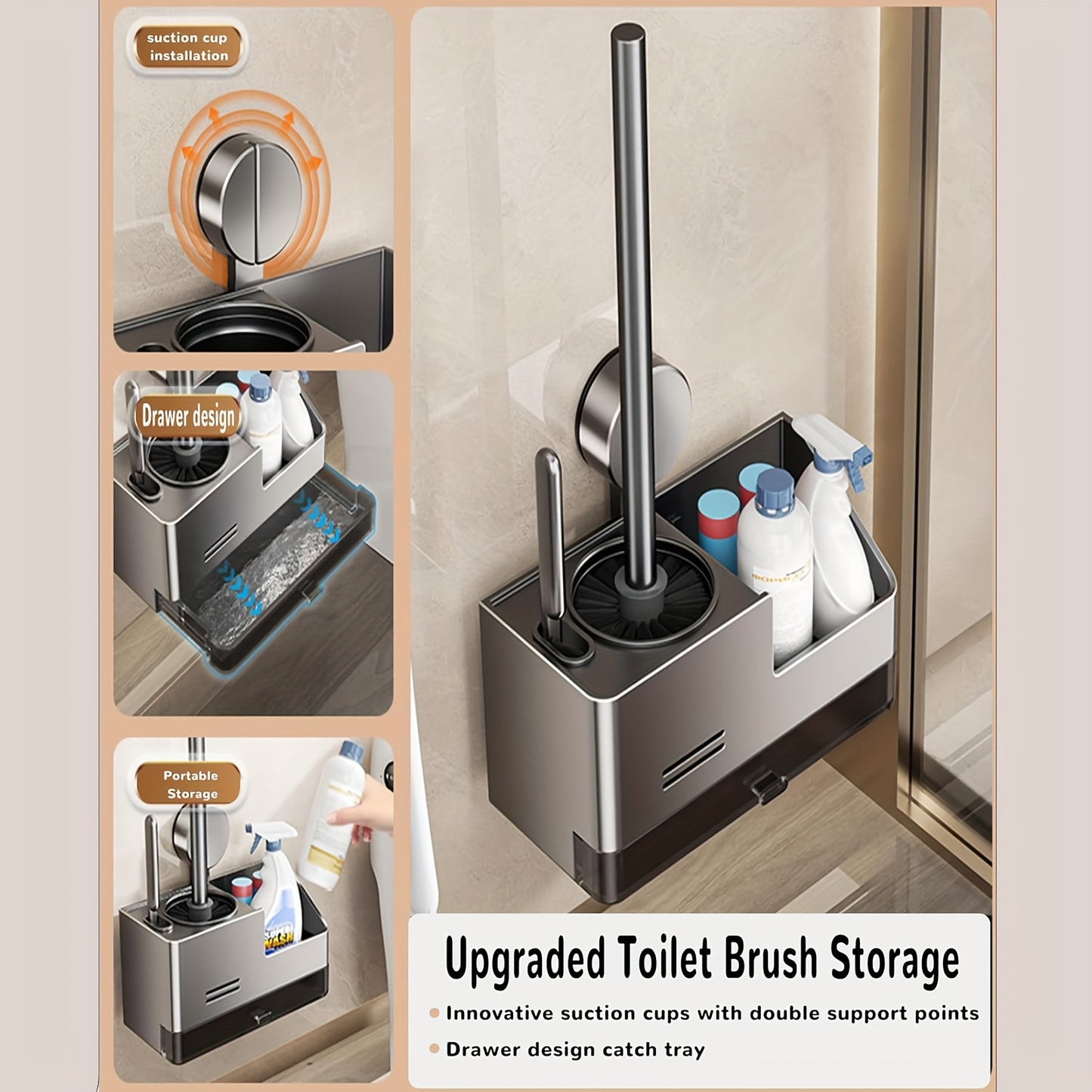 Vacuum Suction Cup Toilet Brush Wall-Mounted Set, 1 Style with 2 Options, Splashproof Base and Angled Head for Hard-to-Reach Areas - No Drilling Required Bathroom Storage Solution Universal Fit on Tiles & Glass
